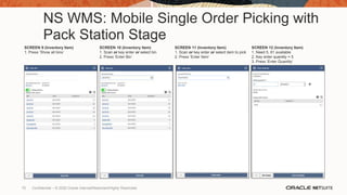 NS WMS: Mobile Single Order Picking with
Pack Station Stage
SCREEN 9 (Inventory Item)
1. Press ‘Show all bins’
SCREEN 10 (Inventory Item)
1. Scan or key enter or select bin
2. Press ‘Enter Bin’
SCREEN 11 (Inventory Item)
1. Scan or key enter or select item to pick
2. Press ‘Enter Item’
SCREEN 12 (Inventory Item)
1. Need 5, 61 available
2. Key enter quantity = 5
3. Press ‘Enter Quantity’
75 Confidential – © 2020 Oracle Internal/Restricted/Highly Restricted
 