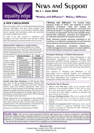 News and Support
                                                     No 1 — June 2010

                                                     “Working with Difference” - Making a Difference

A NEW CIRCULATION                                                  “Working with Difference” The Equality Edge
                                                                   signature project of “WwD” was designed to ensure
This e-newssheet will be circulated periodically offering          legislative compliance, whilst also creating an
relevant information and news about equality and                   opportunity for positive organisational, community and
diversity best practice. It will introduce Equality Edge           commercial benefit. It recognises that the people within
service updates and information about new products                 a company or organisation are the most valuable asset;
and make available special offers.                                 looking after employees, customers and colleagues is
In order to be fully relevant to employers and                     an essential requirement of equality best practice.
managers, each issue will offer some top tips to help              WwD, delivered through interactive workshops or as
deal with inequality and discrimination issues at work.
                                                                   coaching, is an effective management tool and has had
                                                                   some profound and sometimes startling outcomes.
EMPLOYMENT TRIBUNAL CAN BE COSTLY                                  Repairing dysfunctional managerial relationships,
Recent figures have shown that in 2008/09 over 150,000             conflict management and resolution are recent additions
individuals brought cases to the ET for unfair dismissal and
claims citing discrimination. This table reveals the maximum
                                                                   to the WwD stable of employment support services.
awards to individuals against each type of claim. The total
cost to employers in                                               Workplace Bullying—A Modern Phenomenon
the UK was over        Number of Claimants          151,028
                                                                   Michael Lassman delivered a Poster Presentation to the
£50m.                  Claim for:                Highest Award
                                                                   International Association on Workplace Bullying and
Clearly, in today’s     Unfair dismissal             £84,005
                                                                   Harassment (IAWBH) biennial conference in Cardiff. This
economic climate,       Race Discrimination         £1,353,432     prestigious three day event offered intense learning and an
this is something       Sex Discrimination          £113,106       excellent opportunity to meet people from thirty countries
that cannot be af-
                        Disability Discrimination   £388,612       involved in academic research and delivering interventions
forded and there-
fore demands of         Religious Discrimination     £24,876       into bullying at work .
employers greater       Age Discrimination           £90,031       The exposure of “Working with Difference” as an
care when address-                                                 intervention tool in bullying situation was introduced
                        Sexual Orientation Disc.     £63,222
ing staffing issues                                                through the poster and was incredibly well received. Some
and concerns.         Additional Award of Costs      £25,000
                                                                   UK based organisations have expressed an interest in
                                                                   bringing the model to their place of work.
Equality Edge Open Workshops—In 2009 Equality Edge
ran a series of open workshops introducing “Working with
Difference” to equality practitioners and human resource           Top Equality Tips for Managers
officers, mainly from statutory organisations. These were          1. Listen to your staff team; people do not generally make
successful at raising awareness of the alternative and creative       allegations of discrimination lightly. If they tell you they
approach to equality and diversity learning. They also were an        have been discriminated against, you are duty bound to
excellent marketing opportunity for Equality Edge; following          investigate their claim. Make it a priority, be thorough and
participation, several people commissioned a WwD workshop             keep accurate written records.
to be brought into their organisation.                             2. Be aware of bullying risk-times. When a new member of staff
During Autumn 2010 a new programme of open workshops                  joins the team, think of it as an entire new group. A team
will be delivered. If you are interested in attending one of          building session goes a long way to mitigate against potential
these, please contact the office to discuss where your nearest        bullying.
workshop will be. The initial programmes will introduce the        3. Examine your management style. Could anyone accuse you of
WwD model dealing with bullying in the workplace.                     having a abrasive or aggressive leadership style. Could
Discounts are available by quoting reference EN-0022.                 someone you manage be vulnerable and make a bullying or
                                                                      harassment claim against you.

Equality Edge offers service to help organisations fulfil their legal requirement. In dispute management, impartiality is
maintained enabling mutually acceptable resolutions to be found. Programmes help minimise the negative impact of bully-
ing at work, reducing long term sick leave and improving staff morale and productivity. This will cut potentially exorbitant
legal fees, ET compensation or compromise agreement pay-offs. No more will you be a hostage to the lose/lose scenario
— we can find the win-win solution. Contact for a no-obligation and confidential discussion.


                                                            ©Equality Edge
                                      6 Argyle Road London N12 7NU 020 8445 8447
                                                 www.equalityedge.org.uk
 