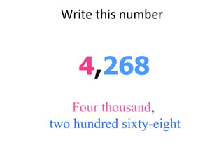 Write this number 4 , 268 Four thousand ,  two hundred sixty-eight 