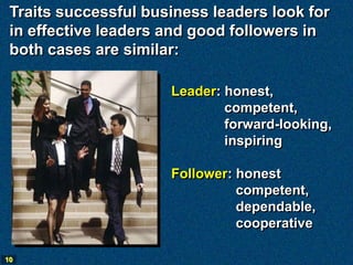 Traits successful business leaders look for
 in effective leaders and good followers in
 both cases are similar:

                      Leader: honest,
                              competent,
                              forward-looking,
                              inspiring

                      Follower: honest
                                competent,
                                dependable,
                                cooperative

10
 