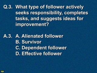 Q.3. What type of follower actively
       seeks responsibility, completes
       tasks, and suggests ideas for
       improvement?

  A.3. A. Alienated follower
       B. Survivor
       C. Dependent follower
       D. Effective follower


101
 