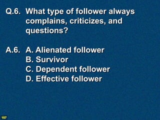 Q.6. What type of follower always
       complains, criticizes, and
       questions?

  A.6. A. Alienated follower
       B. Survivor
       C. Dependent follower
       D. Effective follower



107
 