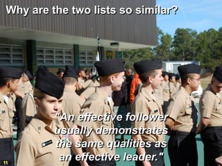 Why are the two lists so similar?




          "An effective follower
          usually demonstrates
          the same qualities as
11
           an effective leader."
 