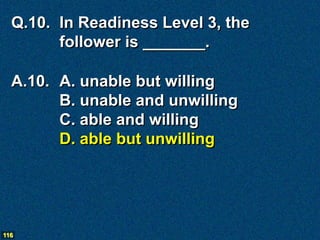 Q.10. In Readiness Level 3, the
        follower is _______.

  A.10. A. unable but willing
        B. unable and unwilling
        C. able and willing
        D. able but unwilling




116
 