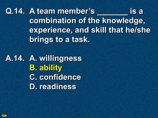 Q.14. A team member’s _______ is a
        combination of the knowledge,
        experience, and skill that he/she
        brings to a task.

  A.14. A. willingness
        B. ability
        C. confidence
        D. readiness


124
 