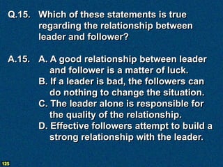 Q.15. Which of these statements is true
        regarding the relationship between
        leader and follower?

  A.15. A. A good relationship between leader
           and follower is a matter of luck.
        B. If a leader is bad, the followers can
           do nothing to change the situation.
        C. The leader alone is responsible for
           the quality of the relationship.
        D. Effective followers attempt to build a
           strong relationship with the leader.

125
 