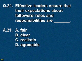 Q.21. Effective leaders ensure that
        their expectations about
        followers’ roles and
        responsibilities are _______.

  A.21. A. fair
        B. clear
        C. realistic
        D. agreeable


137
 