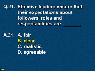 Q.21. Effective leaders ensure that
        their expectations about
        followers’ roles and
        responsibilities are _______.

  A.21. A. fair
        B. clear
        C. realistic
        D. agreeable


138
 