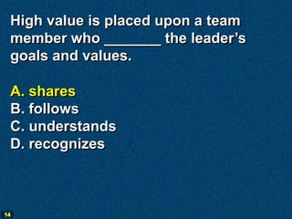 High value is placed upon a team
 member who _______ the leader’s
 goals and values.

 A. shares
 B. follows
 C. understands
 D. recognizes



14
 