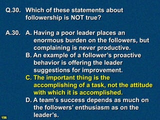 Q.30. Which of these statements about
       followership is NOT true?

  A.30. A. Having a poor leader places an
           enormous burden on the followers, but
           complaining is never productive.
        B. An example of a follower’s proactive
           behavior is offering the leader
           suggestions for improvement.
        C. The important thing is the
           accomplishing of a task, not the attitude
           with which it is accomplished.
        D. A team’s success depends as much on
           the followers’ enthusiasm as on the
156
           leader’s.
 