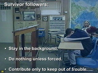 Survivor followers:




     • Stay in the background.

     • Do nothing unless forced.

25
     • Contribute only to keep out of trouble.
 