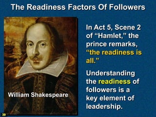 The Readiness Factors Of Followers

                           In Act 5, Scene 2
                           of “Hamlet,” the
                           prince remarks,
                           “the readiness is
                           all.”
                           Understanding
                           the readiness of
                           followers is a
     William Shakespeare
                           key element of
                           leadership.
39
 