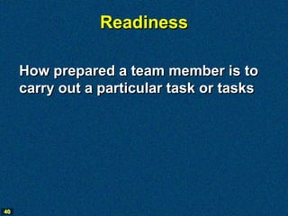 Readiness

     How prepared a team member is to
     carry out a particular task or tasks




40
 
