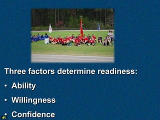 Three factors determine readiness:
 • Ability
 • Willingness
 • Confidence
41
 