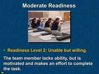 Moderate Readiness




 • Readiness Level 2: Unable but willing.
 The team member lacks ability, but is
 motivated and makes an effort to complete
 the task.
44
 
