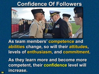 Confidence Of Followers




     As team members’ competence and
     abilities change, so will their attitudes,
     levels of enthusiasm, and commitment.
     As they learn more and become more
     competent, their confidence level will
58
     increase.
 