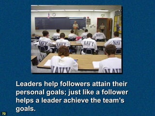Leaders help followers attain their
     personal goals; just like a follower
     helps a leader achieve the team’s
     goals.
72
 