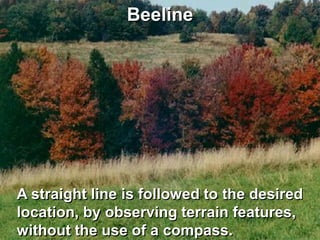 Beeline




A straight line is followed to the desired
location, by observing terrain features,
without the use of a compass.
 