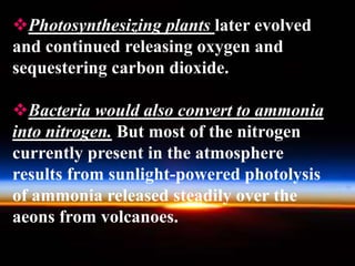 Photosynthesizing plants later evolved 
and continued releasing oxygen and 
sequestering carbon dioxide. 
Bacteria would also convert to ammonia 
into nitrogen. But most of the nitrogen 
currently present in the atmosphere 
results from sunlight-powered photolysis 
of ammonia released steadily over the 
aeons from volcanoes. 
 