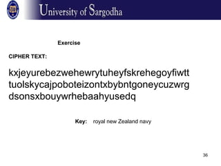 36
CIPHER TEXT:
kxjeyurebezwehewrytuheyfskrehegoyfiwtt
tuolskycajpoboteizontxbybntgoneycuzwrg
dsonsxbouywrhebaahyusedq
Key: royal new Zealand navy
Exercise
 