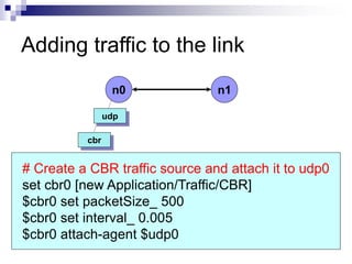 Adding traffic to the link
n0 n1
udp
# Create a CBR traffic source and attach it to udp0
set cbr0 [new Application/Traffic/CBR]
$cbr0 set packetSize_ 500
$cbr0 set interval_ 0.005
$cbr0 attach-agent $udp0
cbr
 