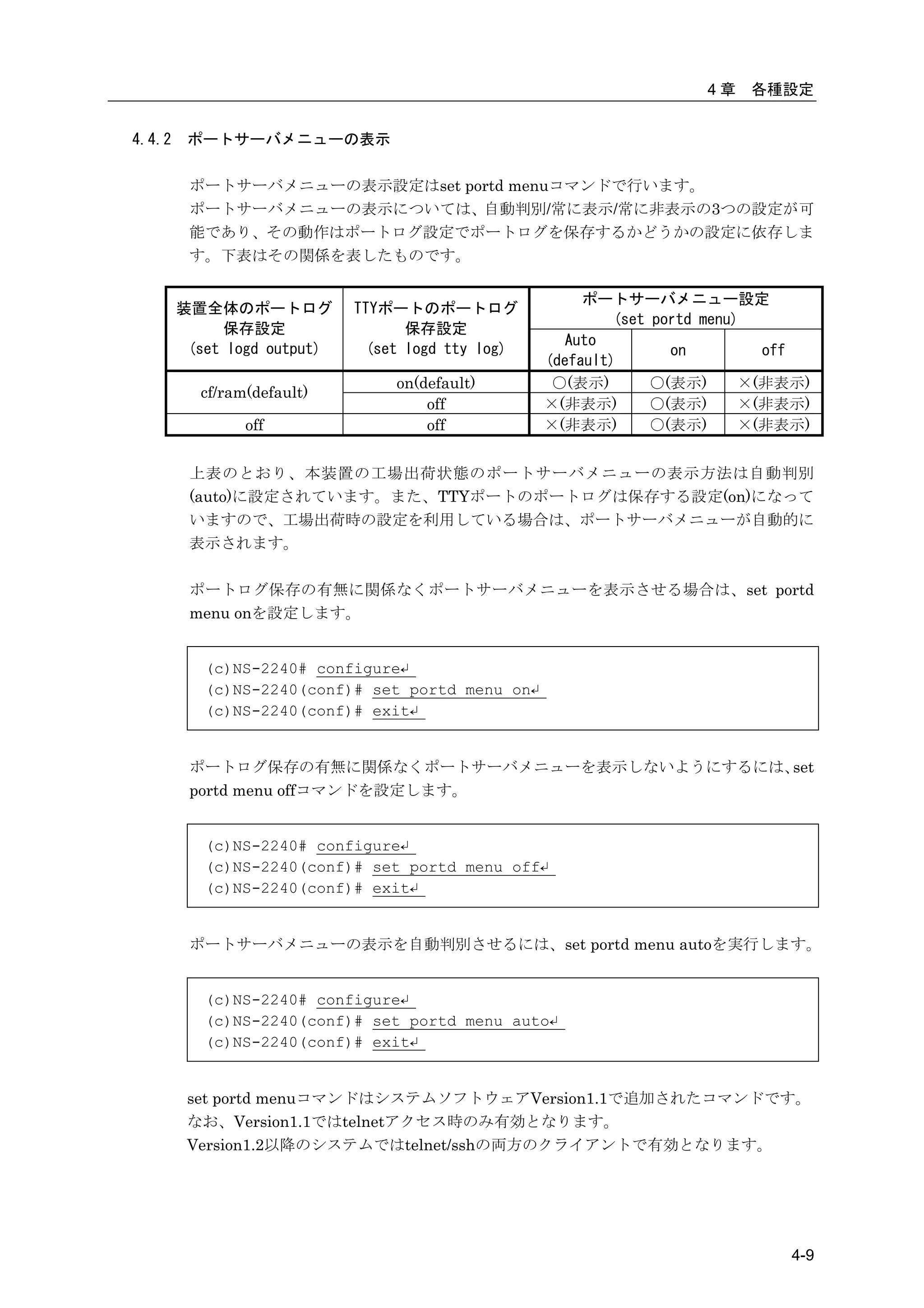 4章   各種設定


4.4.2    ポートサーバメニューの表示

         ポートサーバメニューの表示設定はset portd menuコマンドで行います。
         ポートサーバメニューの表示については、自動判別/常に表示/常に非表示の3つの設定が可
         能であり、その動作はポートログ設定でポートログを保存するかどうかの設定に依存しま
         す。下表はその関係を表したものです。

                                                        ポートサーバメニュー設定
        装置全体のポートログ           TTYポートのポートログ
                                                            (set portd menu)
              保存設定                 保存設定
                                                      Auto
         (set logd output)    (set logd tty log)                   on         off
                                                   (default)
                                 on(default)        ○(表示)        ○(表示)      ×(非表示)
          cf/ram(default)
                                     off           ×(非表示)        ○(表示)      ×(非表示)
                off                  off           ×(非表示)        ○(表示)      ×(非表示)


         上表のとおり、本装置の工場出荷状態のポートサーバメニューの表示方法は自動判別
         (auto)に設定されています。また、TTYポートのポートログは保存する設定(on)になって
         いますので、工場出荷時の設定を利用している場合は、ポートサーバメニューが自動的に
         表示されます。

         ポートログ保存の有無に関係なくポートサーバメニューを表示させる場合は、set portd
         menu onを設定します。


           (c)NS-2240# configure↵
           (c)NS-2240(conf)# set portd menu on↵
           (c)NS-2240(conf)# exit↵


         ポートログ保存の有無に関係なくポートサーバメニューを表示しないようにするには、set
         portd menu offコマンドを設定します。


           (c)NS-2240# configure↵
           (c)NS-2240(conf)# set portd menu off↵
           (c)NS-2240(conf)# exit↵


         ポートサーバメニューの表示を自動判別させるには、set portd menu autoを実行します。


           (c)NS-2240# configure↵
           (c)NS-2240(conf)# set portd menu auto↵
           (c)NS-2240(conf)# exit↵


         set portd menuコマンドはシステムソフトウェアVersion1.1で追加されたコマンドです。
         なお、Version1.1ではtelnetアクセス時のみ有効となります。
         Version1.2以降のシステムではtelnet/sshの両方のクライアントで有効となります。




                                                                               4-9
 