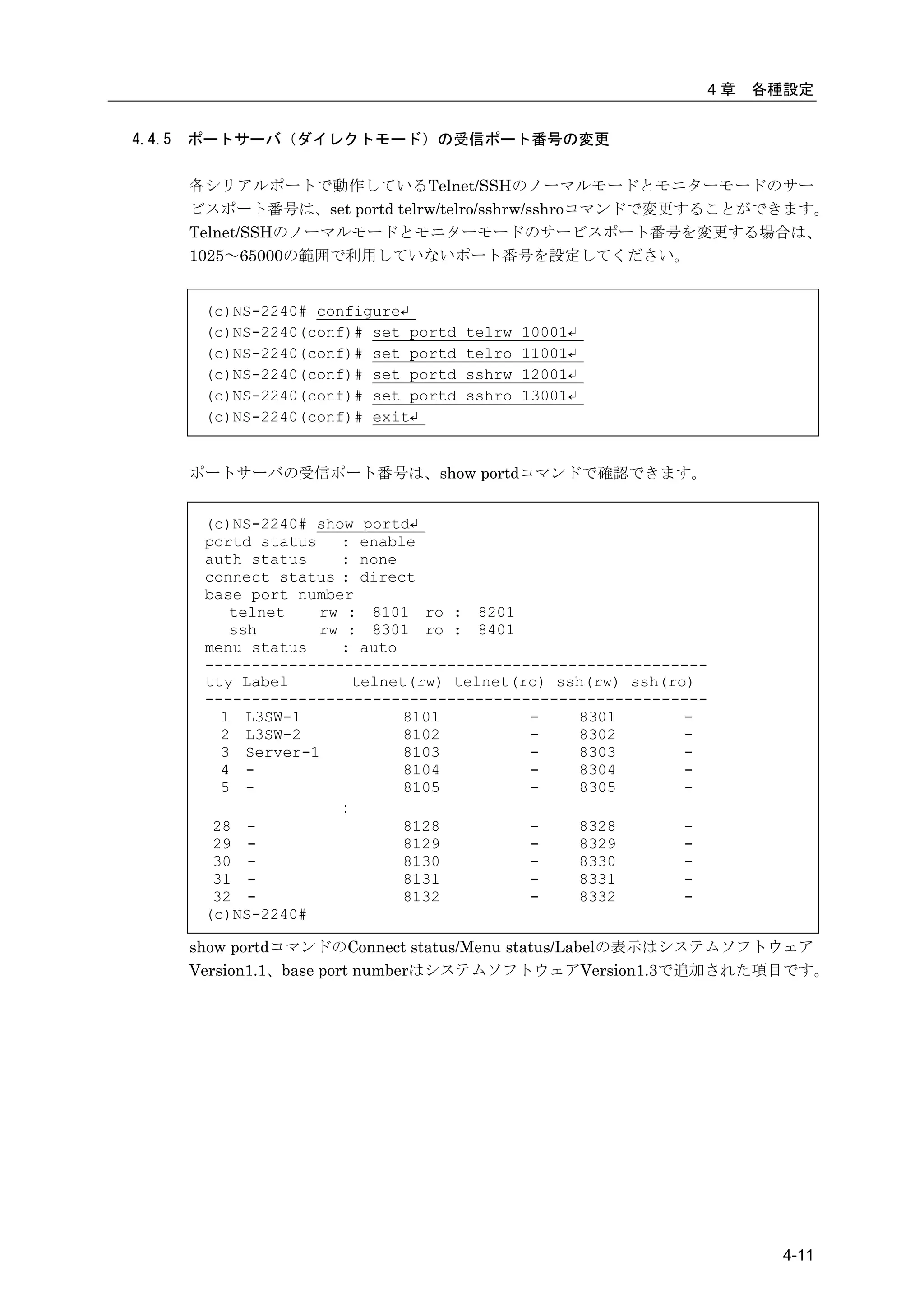 4章   各種設定


4.4.5   ポートサーバ（ダイレクトモード）の受信ポート番号の変更

        各シリアルポートで動作しているTelnet/SSHのノーマルモードとモニターモードのサー
        ビスポート番号は、set portd telrw/telro/sshrw/sshroコマンドで変更することができます。
        Telnet/SSHのノーマルモードとモニターモードのサービスポート番号を変更する場合は、
        1025～65000の範囲で利用していないポート番号を設定してください。


         (c)NS-2240# configure↵
         (c)NS-2240(conf)# set portd   telrw   10001↵
         (c)NS-2240(conf)# set portd   telro   11001↵
         (c)NS-2240(conf)# set portd   sshrw   12001↵
         (c)NS-2240(conf)# set portd   sshro   13001↵
         (c)NS-2240(conf)# exit↵


        ポートサーバの受信ポート番号は、show portdコマンドで確認できます。


         (c)NS-2240# show portd↵
         portd status   : enable
         auth status    : none
         connect status : direct
         base port number
            telnet    rw : 8101 ro : 8201
            ssh       rw : 8301 ro : 8401
         menu status    : auto
         ------------------------------------------------------
         tty Label       telnet(rw) telnet(ro) ssh(rw) ssh(ro)
         ------------------------------------------------------
           1 L3SW-1            8101         -    8301        -
           2 L3SW-2            8102         -    8302        -
           3 Server-1          8103         -    8303        -
           4 -                 8104         -    8304        -
           5 -                 8105         -    8305        -
                        ：
          28 -                 8128         -    8328        -
          29 -                 8129         -    8329        -
          30 -                 8130         -    8330        -
          31 -                 8131         -    8331        -
          32 -                 8132         -    8332        -
         (c)NS-2240#

        show portdコマンドのConnect status/Menu status/Labelの表示はシステムソフトウェア
        Version1.1、base port numberはシステムソフトウェアVersion1.3で追加された項目です。




                                                                     4-11
 