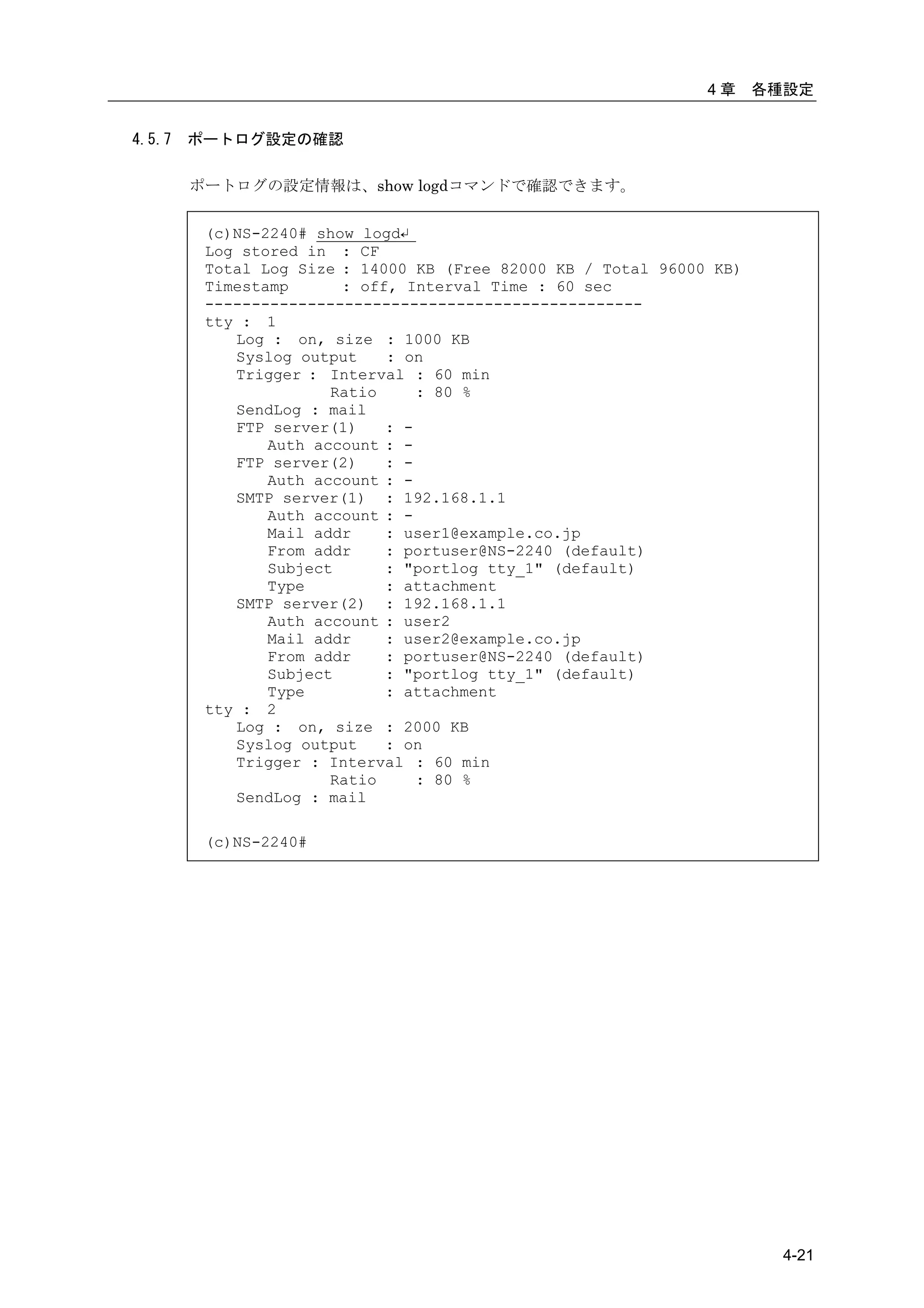 4章     各種設定


4.5.7   ポートログ設定の確認

        ポートログの設定情報は、show logdコマンドで確認できます。


         (c)NS-2240# show logd↵
         Log stored in : CF
         Total Log Size : 14000 KB (Free 82000 KB / Total 96000 KB)
         Timestamp      : off, Interval Time : 60 sec
         -----------------------------------------------
         tty : 1
            Log : on, size : 1000 KB
            Syslog output    : on
            Trigger : Interval : 60 min
                       Ratio     : 80 %
            SendLog : mail
            FTP server(1)    : -
                Auth account : -
            FTP server(2)    : -
                Auth account : -
            SMTP server(1) : 192.168.1.1
                Auth account : -
                Mail addr    : user1@example.co.jp
                From addr    : portuser@NS-2240 (default)
                Subject      : "portlog tty_1" (default)
                Type         : attachment
            SMTP server(2) : 192.168.1.1
                Auth account : user2
                Mail addr    : user2@example.co.jp
                From addr    : portuser@NS-2240 (default)
                Subject      : "portlog tty_1" (default)
                Type         : attachment
         tty : 2
            Log : on, size : 2000 KB
            Syslog output    : on
            Trigger : Interval : 60 min
                       Ratio     : 80 %
            SendLog : mail

         (c)NS-2240#




                                                                        4-21
 