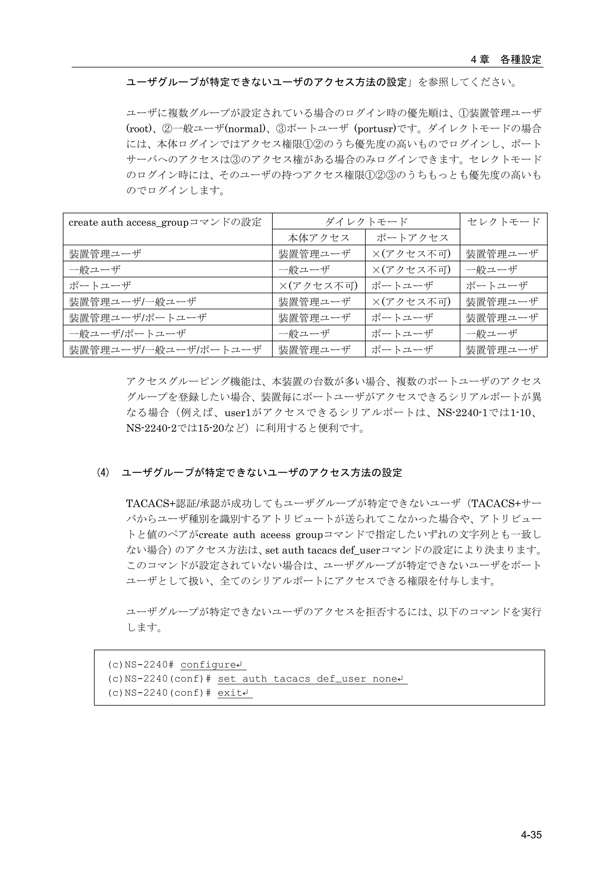 4章   各種設定

          ユーザグループが特定できないユーザのアクセス方法の設定」を参照してください。

          ユーザに複数グループが設定されている場合のログイン時の優先順は、①装置管理ユーザ
          (root)、②一般ユーザ(normal)、③ポートユーザ (portusr)です。ダイレクトモードの場合
          には、本体ログインではアクセス権限①②のうち優先度の高いものでログインし、ポート
          サーバへのアクセスは③のアクセス権がある場合のみログインできます。セレクトモード
          のログイン時には、そのユーザの持つアクセス権限①②③のうちもっとも優先度の高いも
          のでログインします。


create auth access_groupコマンドの設定          ダイレクトモード           セレクトモード
                                   本体アクセス        ポートアクセス
装置管理ユーザ                           装置管理ユーザ       ×(アクセス不可)   装置管理ユーザ
一般ユーザ                             一般ユーザ         ×(アクセス不可)   一般ユーザ
ポートユーザ                            ×(アクセス不可)     ポートユーザ      ポートユーザ
装置管理ユーザ/一般ユーザ                     装置管理ユーザ       ×(アクセス不可)   装置管理ユーザ
装置管理ユーザ/ポートユーザ                    装置管理ユーザ       ポートユーザ      装置管理ユーザ
一般ユーザ/ポートユーザ                      一般ユーザ         ポートユーザ      一般ユーザ
装置管理ユーザ/一般ユーザ/ポートユーザ              装置管理ユーザ       ポートユーザ      装置管理ユーザ


          アクセスグルーピング機能は、本装置の台数が多い場合、複数のポートユーザのアクセス
          グループを登録したい場合、装置毎にポートユーザがアクセスできるシリアルポートが異
          なる場合（例えば、user1がアクセスできるシリアルポートは、NS-2240-1では1-10、
          NS-2240-2では15-20など）に利用すると便利です。



    (4)   ユーザグループが特定できないユーザのアクセス方法の設定

          TACACS+認証/承認が成功してもユーザグループが特定できないユーザ（TACACS+サー
          バからユーザ種別を識別するアトリビュートが送られてこなかった場合や、アトリビュー
          トと値のペアがcreate auth aceess groupコマンドで指定したいずれの文字列とも一致し
          ない場合）  のアクセス方法は、 auth tacacs def_userコマンドの設定により決まります。
                              set
          このコマンドが設定されていない場合は、ユーザグループが特定できないユーザをポート
          ユーザとして扱い、全てのシリアルポートにアクセスできる権限を付与します。

          ユーザグループが特定できないユーザのアクセスを拒否するには、以下のコマンドを実行
          します。


      (c)NS-2240# configure↵
      (c)NS-2240(conf)# set auth tacacs def_user none↵
      (c)NS-2240(conf)# exit↵




                                                                    4-35
 