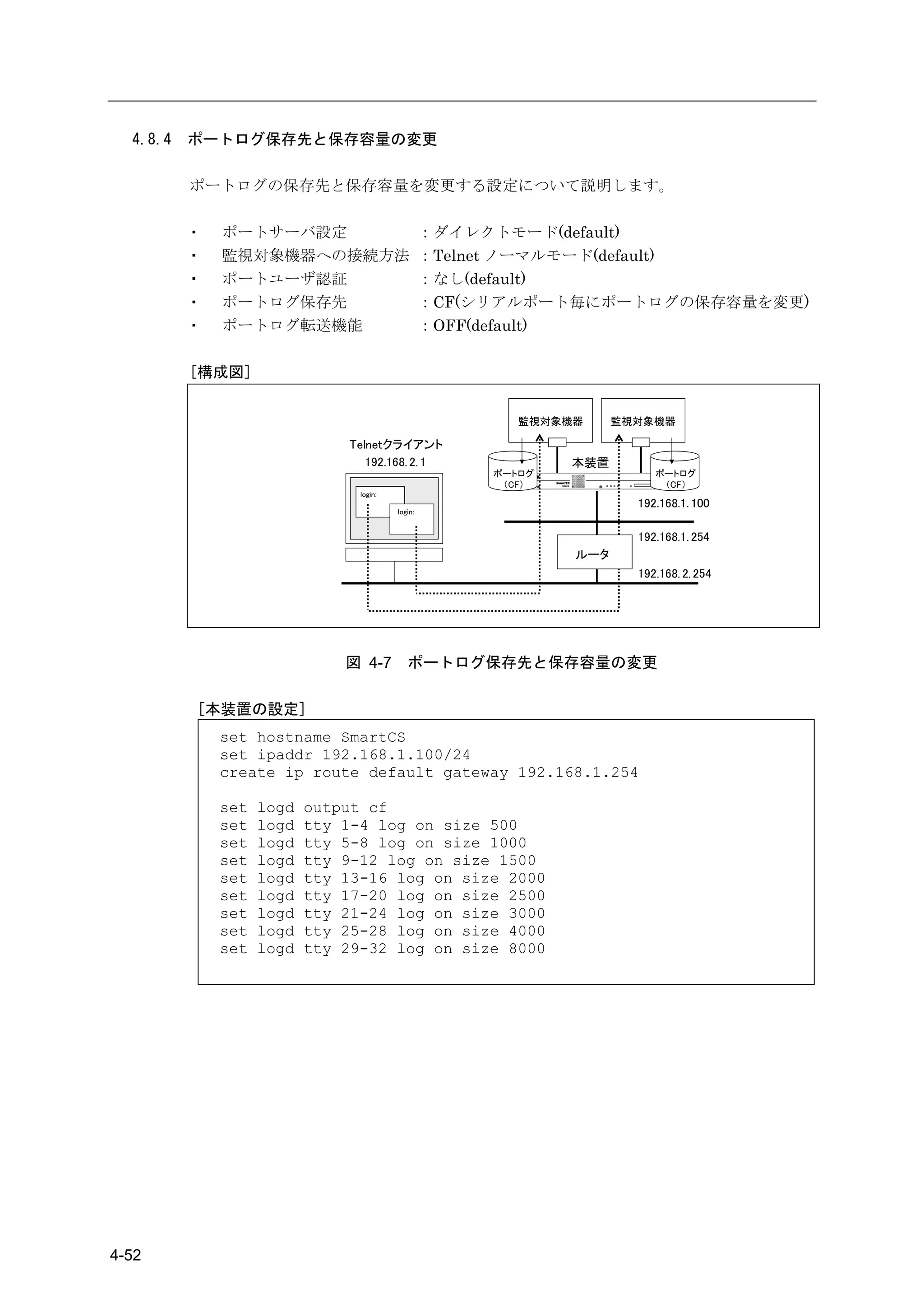 4.8.4   ポートログ保存先と保存容量の変更

          ポートログの保存先と保存容量を変更する設定について説明します。

          ・   ポートサーバ設定                             ：ダイレクトモード(default)
          ・   監視対象機器への接続方法                         ：Telnet ノーマルモード(default)
          ・   ポートユーザ認証                             ：なし(default)
          ・   ポートログ保存先                             ：CF(シリアルポート毎にポートログの保存容量を変更)
          ・   ポートログ転送機能                            ：OFF(default)

          [構成図]


                                                           監視対象機器     監視対象機器

                               Telnetクライアント
                                  192.168. 2. 1                 本装置
                                                        ポートログ              ポートログ
                                                         （CF）               （CF）
                                 login:
                                                                        192.168.1. 100
                                          login:


                                                                        192.168.1. 254
                                                                ルータ
                                                                        192.168. 2. 254




                               図 4-7         ポートログ保存先と保存容量の変更

          [本装置の設定]
              set hostname SmartCS
              set ipaddr 192.168.1.100/24
              create ip route default gateway 192.168.1.254

              set   logd   output cf
              set   logd   tty 1-4 log on size 500
              set   logd   tty 5-8 log on size 1000
              set   logd   tty 9-12 log on size 1500
              set   logd   tty 13-16 log on size 2000
              set   logd   tty 17-20 log on size 2500
              set   logd   tty 21-24 log on size 3000
              set   logd   tty 25-28 log on size 4000
              set   logd   tty 29-32 log on size 8000




4-52
 