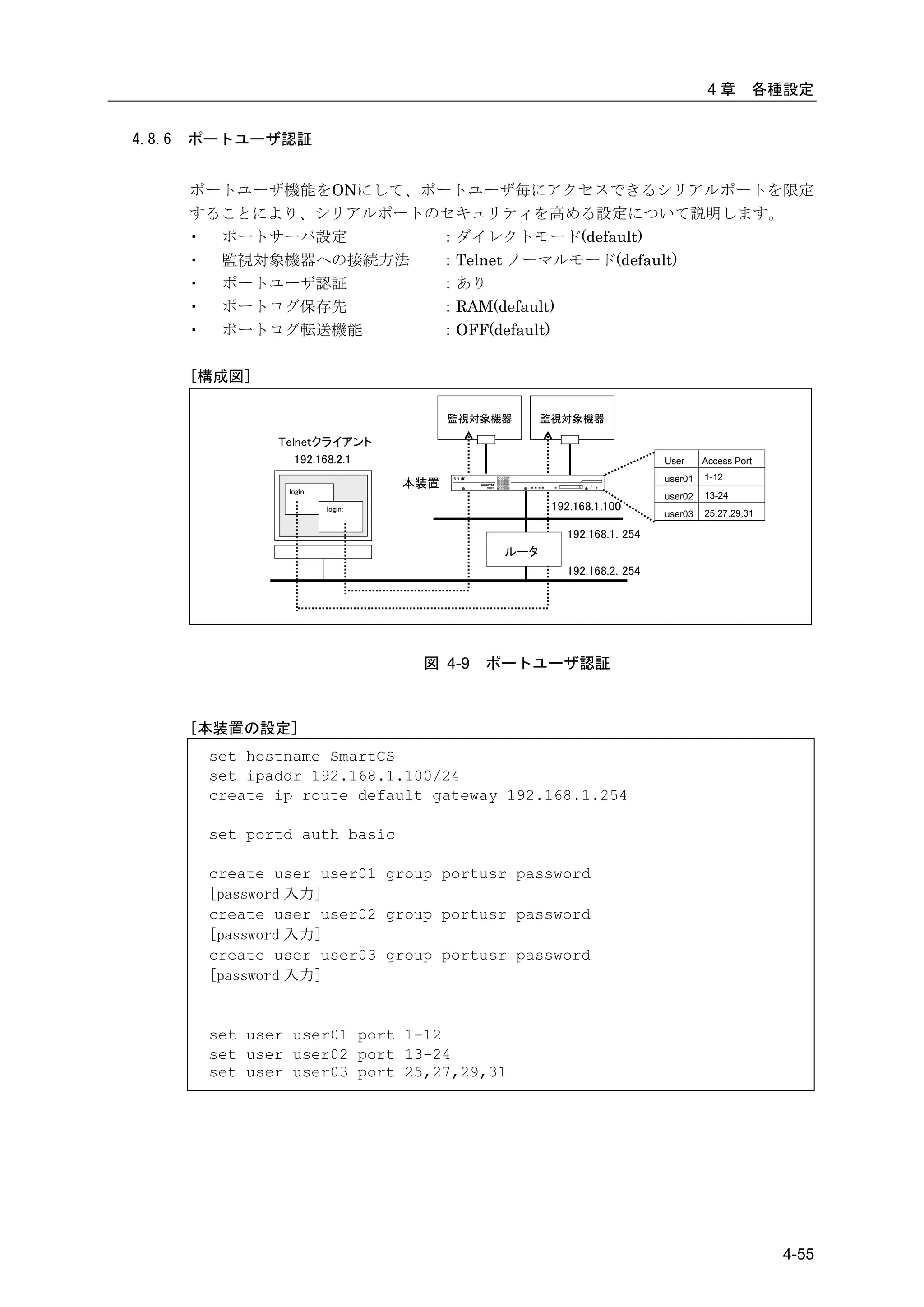 4章       各種設定


4.8.6   ポートユーザ認証


        ポートユーザ機能をONにして、ポートユーザ毎にアクセスできるシリアルポートを限定
        することにより、シリアルポートのセキュリティを高める設定について説明します。
        ・ ポートサーバ設定      ：ダイレクトモード(default)
        ・ 監視対象機器への接続方法  ：Telnet ノーマルモード(default)
        ・ ポートユーザ認証      ：あり
        ・ ポートログ保存先      ：RAM(default)
        ・ ポートログ転送機能     ：OFF(default)

        [構成図]

                                         監視対象機器     監視対象機器

                Telnetクライアント
                   192.168.2.1                                          User     Access Port
                                                                        user01   1-12
                                   本装置
                 login:
                                                                        user02   13-24
                          login:                     192.168.1.100               25,27,29,31
                                                                        user03

                                                       192.168.1. 254
                                              ルータ
                                                       192.168.2. 254




                                    図 4-9   ポートユーザ認証



        [本装置の設定]
         set hostname SmartCS
         set ipaddr 192.168.1.100/24
         create ip route default gateway 192.168.1.254

         set portd auth basic

         create user user01 group portusr password
         [password 入力]
         create user user02 group portusr password
         [password 入力]
         create user user03 group portusr password
         [password 入力]


         set user user01 port 1-12
         set user user02 port 13-24
         set user user03 port 25,27,29,31




                                                                                               4-55
 