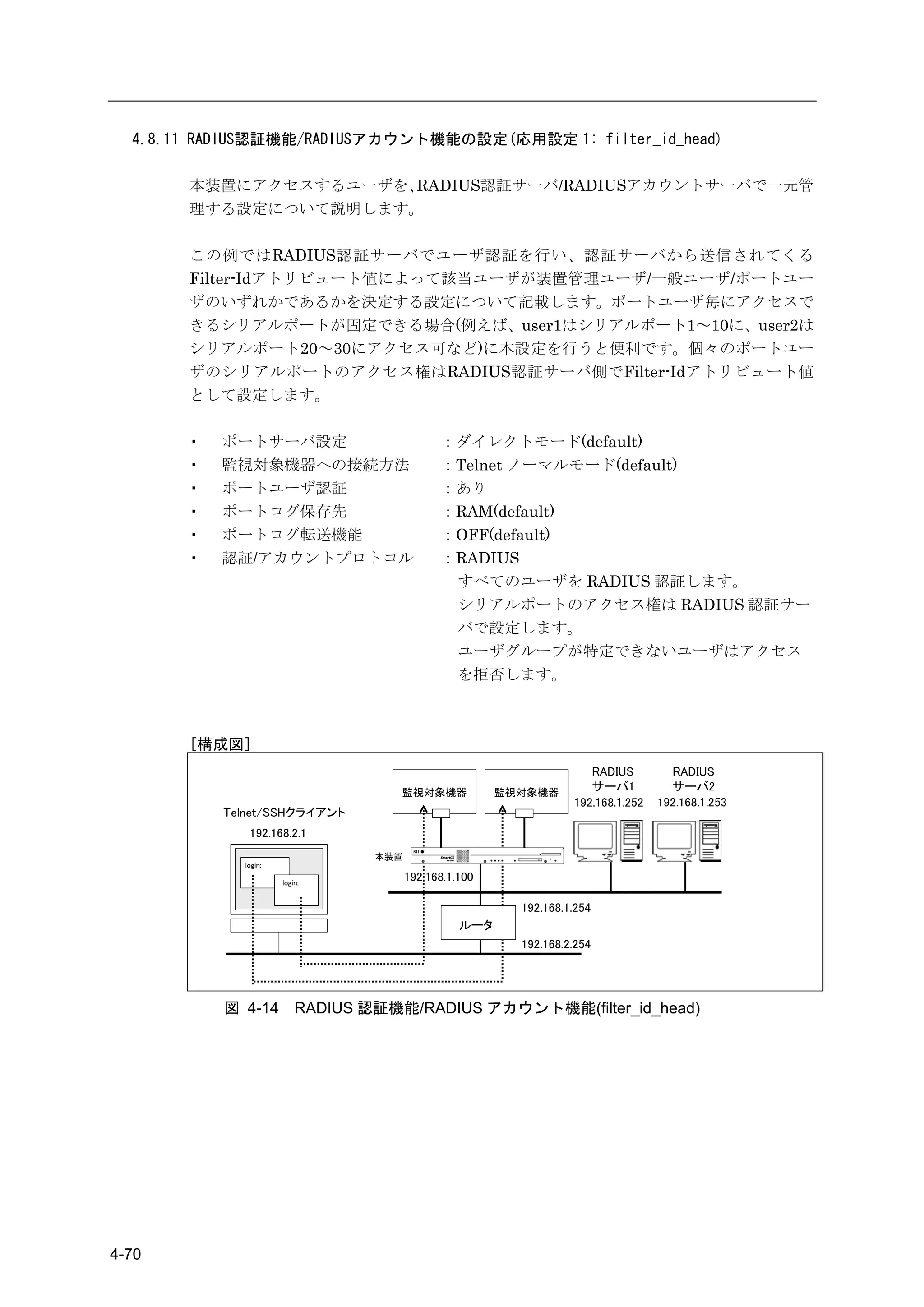 4.8.11 RADIUS認証機能/RADIUSアカウント機能の設定(応用設定 1: filter_id_head)

       本装置にアクセスするユーザを、RADIUS認証サーバ/RADIUSアカウントサーバで一元管
       理する設定について説明します。

       この例ではRADIUS認証サーバでユーザ認証を行い、認証サーバから送信されてくる
       Filter-Idアトリビュート値によって該当ユーザが装置管理ユーザ/一般ユーザ/ポートユー
       ザのいずれかであるかを決定する設定について記載します。ポートユーザ毎にアクセスで
       きるシリアルポートが固定できる場合(例えば、user1はシリアルポート1～10に、user2は
       シリアルポート20～30にアクセス可など)に本設定を行うと便利です。個々のポートユー
       ザのシリアルポートのアクセス権はRADIUS認証サーバ側でFilter-Idアトリビュート値
       として設定します。

       ・   ポートサーバ設定                           ：ダイレクトモード(default)
       ・   監視対象機器への接続方法                       ：Telnet ノーマルモード(default)
       ・   ポートユーザ認証                           ：あり
       ・   ポートログ保存先                           ：RAM(default)
       ・   ポートログ転送機能                          ：OFF(default)
       ・   認証/アカウントプロトコル                      ：RADIUS
                                               すべてのユーザを RADIUS 認証します。
                                               シリアルポートのアクセス権は RADIUS 認証サー
                                               バで設定します。
                                               ユーザグループが特定できないユーザはアクセス
                                               を拒否します。



       [構成図]
                                                                      RADIUS         RADIUS
                                     監視対象機器             監視対象機器
                                                                      サーバ1           サーバ2
                                                                   192.168.1.252   192.168.1.253
           Telnet/SSHクライアント
              192.168.2.1
                                  本装置
             login:

                      login:
                                        192.168.1.100

                                                          192.168.1.254
                                                  ルータ
                                                          192.168.2.254




           図 4-14         RADIUS 認証機能/RADIUS アカウント機能(filter_id_head)




4-70
 