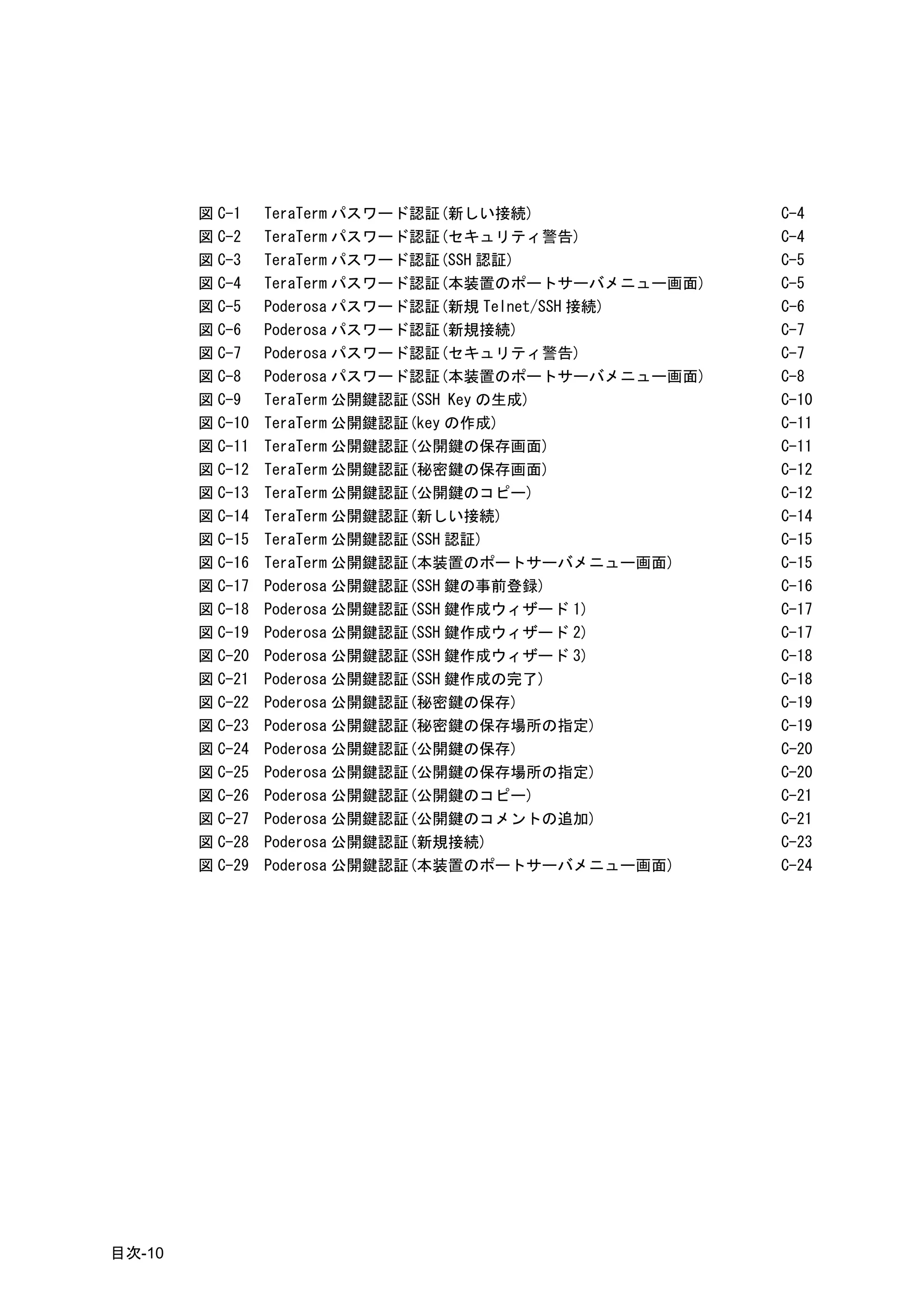 図 C-1    TeraTerm パスワード認証(新しい接続)              C-4
        図 C-2    TeraTerm パスワード認証(セキュリティ警告)           C-4
        図 C-3    TeraTerm パスワード認証(SSH 認証)             C-5
        図 C-4    TeraTerm パスワード認証(本装置のポートサーバメニュー画面)   C-5
        図 C-5    Poderosa パスワード認証(新規 Telnet/SSH 接続)   C-6
        図 C-6    Poderosa パスワード認証(新規接続)               C-7
        図 C-7    Poderosa パスワード認証(セキュリティ警告)           C-7
        図 C-8    Poderosa パスワード認証(本装置のポートサーバメニュー画面)   C-8
        図 C-9    TeraTerm 公開鍵認証(SSH Key の生成)          C-10
        図 C-10   TeraTerm 公開鍵認証(key の作成)              C-11
        図 C-11   TeraTerm 公開鍵認証(公開鍵の保存画面)             C-11
        図 C-12   TeraTerm 公開鍵認証(秘密鍵の保存画面)             C-12
        図 C-13   TeraTerm 公開鍵認証(公開鍵のコピー)              C-12
        図 C-14   TeraTerm 公開鍵認証(新しい接続)                C-14
        図 C-15   TeraTerm 公開鍵認証(SSH 認証)               C-15
        図 C-16   TeraTerm 公開鍵認証(本装置のポートサーバメニュー画面)     C-15
        図 C-17   Poderosa 公開鍵認証(SSH 鍵の事前登録)           C-16
        図 C-18   Poderosa 公開鍵認証(SSH 鍵作成ウィザード 1)       C-17
        図 C-19   Poderosa 公開鍵認証(SSH 鍵作成ウィザード 2)       C-17
        図 C-20   Poderosa 公開鍵認証(SSH 鍵作成ウィザード 3)       C-18
        図 C-21   Poderosa 公開鍵認証(SSH 鍵作成の完了)           C-18
        図 C-22   Poderosa 公開鍵認証(秘密鍵の保存)               C-19
        図 C-23   Poderosa 公開鍵認証(秘密鍵の保存場所の指定)          C-19
        図 C-24   Poderosa 公開鍵認証(公開鍵の保存)               C-20
        図 C-25   Poderosa 公開鍵認証(公開鍵の保存場所の指定)          C-20
        図 C-26   Poderosa 公開鍵認証(公開鍵のコピー)              C-21
        図 C-27   Poderosa 公開鍵認証(公開鍵のコメントの追加)          C-21
        図 C-28   Poderosa 公開鍵認証(新規接続)                 C-23
        図 C-29   Poderosa 公開鍵認証(本装置のポートサーバメニュー画面)     C-24




目次-10
 