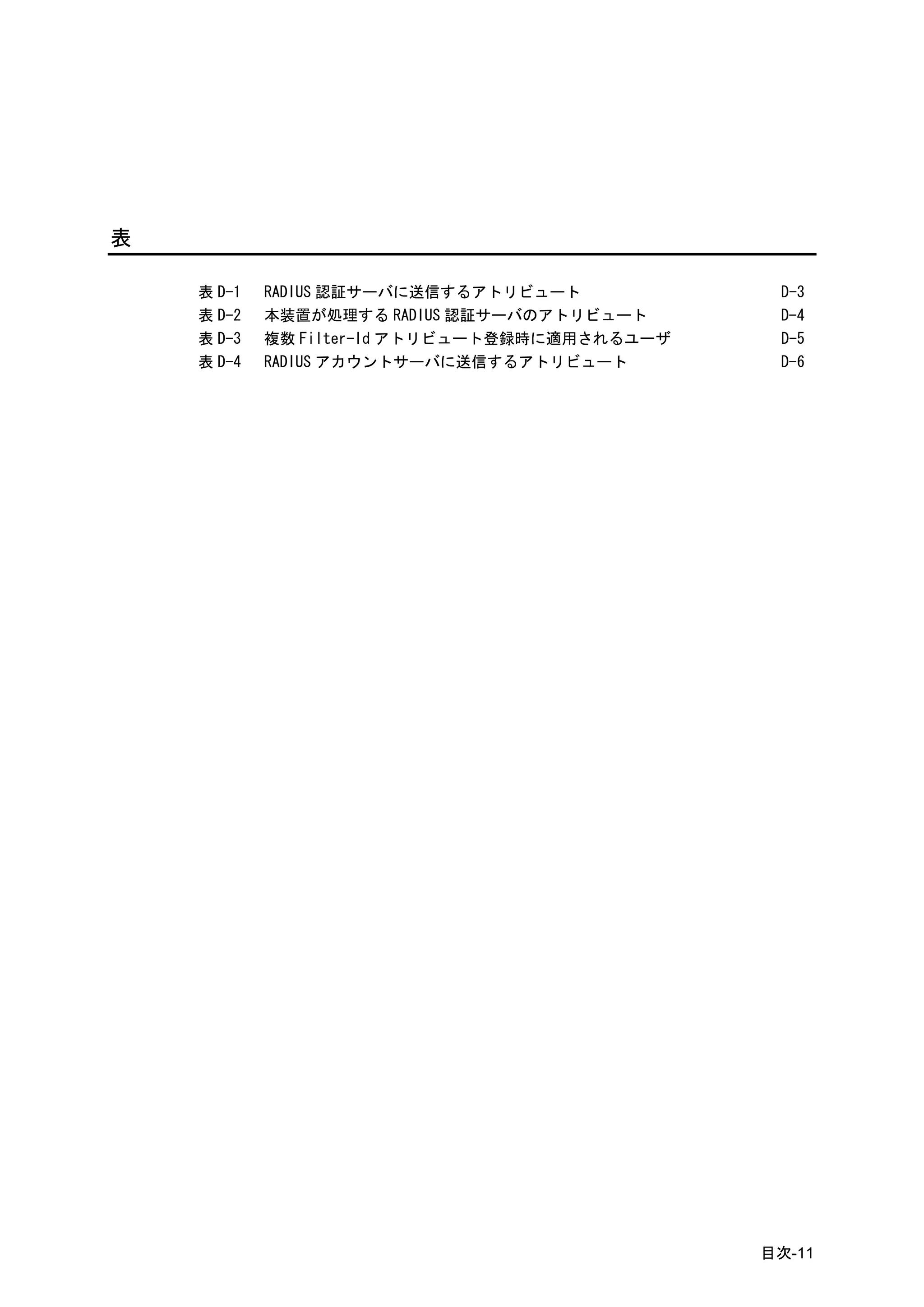 表

    表 D-1   RADIUS 認証サーバに送信するアトリビュート            D-3
    表 D-2   本装置が処理する RADIUS 認証サーバのアトリビュート       D-4
    表 D-3   複数 Filter-Id アトリビュート登録時に適用されるユーザ    D-5
    表 D-4   RADIUS アカウントサーバに送信するアトリビュート         D-6




                                               目次-11
 