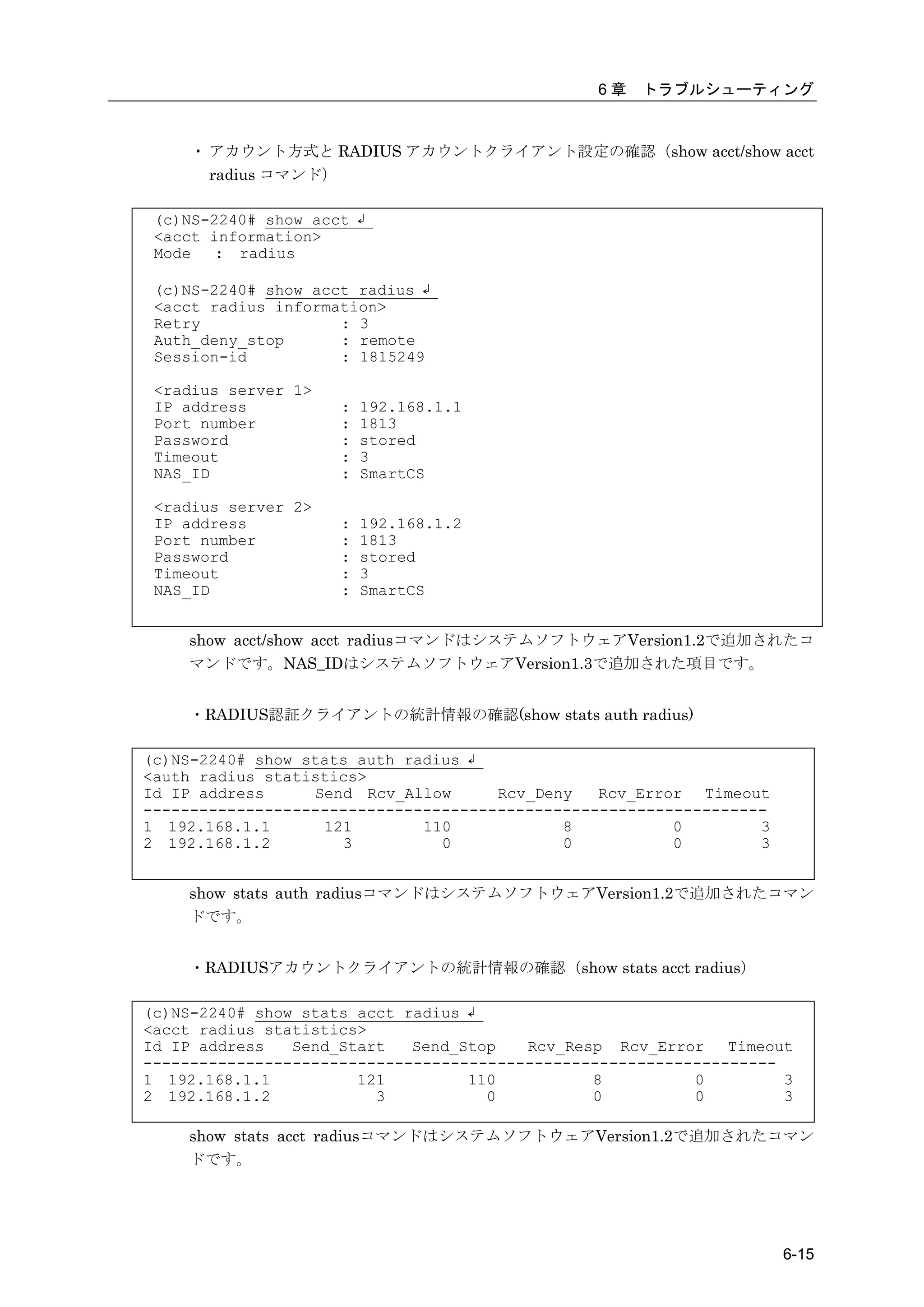 6章   トラブルシューティング


     ・ アカウント方式と RADIUS アカウントクライアント設定の確認（show acct/show acct
       radius コマンド）

 (c)NS-2240# show acct ↲
 <acct information>
 Mode   : radius

 (c)NS-2240# show acct radius ↲
 <acct radius information>
 Retry               : 3
 Auth_deny_stop      : remote
 Session-id          : 1815249

 <radius server 1>
 IP address          :   192.168.1.1
 Port number         :   1813
 Password            :   stored
 Timeout             :   3
 NAS_ID              :   SmartCS

 <radius server 2>
 IP address          :   192.168.1.2
 Port number         :   1813
 Password            :   stored
 Timeout             :   3
 NAS_ID              :   SmartCS


    show acct/show acct radiusコマンドはシステムソフトウェアVersion1.2で追加されたコ
    マンドです。NAS_IDはシステムソフトウェアVersion1.3で追加された項目です。


    ・RADIUS認証クライアントの統計情報の確認(show stats auth radius)

(c)NS-2240# show stats auth radius ↲
<auth radius statistics>
Id IP address     Send Rcv_Allow      Rcv_Deny   Rcv_Error Timeout
-------------------------------------------------------------------
1 192.168.1.1      121        110            8           0        3
2 192.168.1.2        3          0            0           0        3


    show stats auth radiusコマンドはシステムソフトウェアVersion1.2で追加されたコマン
    ドです。


    ・RADIUSアカウントクライアントの統計情報の確認（show stats acct radius）

(c)NS-2240# show stats acct radius ↲
<acct radius statistics>
Id IP address   Send_Start   Send_Stop   Rcv_Resp Rcv_Error    Timeout
--------------------------------------------------------------------
1 192.168.1.1          121         110          8          0         3
2 192.168.1.2            3           0          0          0         3

    show stats acct radiusコマンドはシステムソフトウェアVersion1.2で追加されたコマン
    ドです。




                                                                      6-15
 