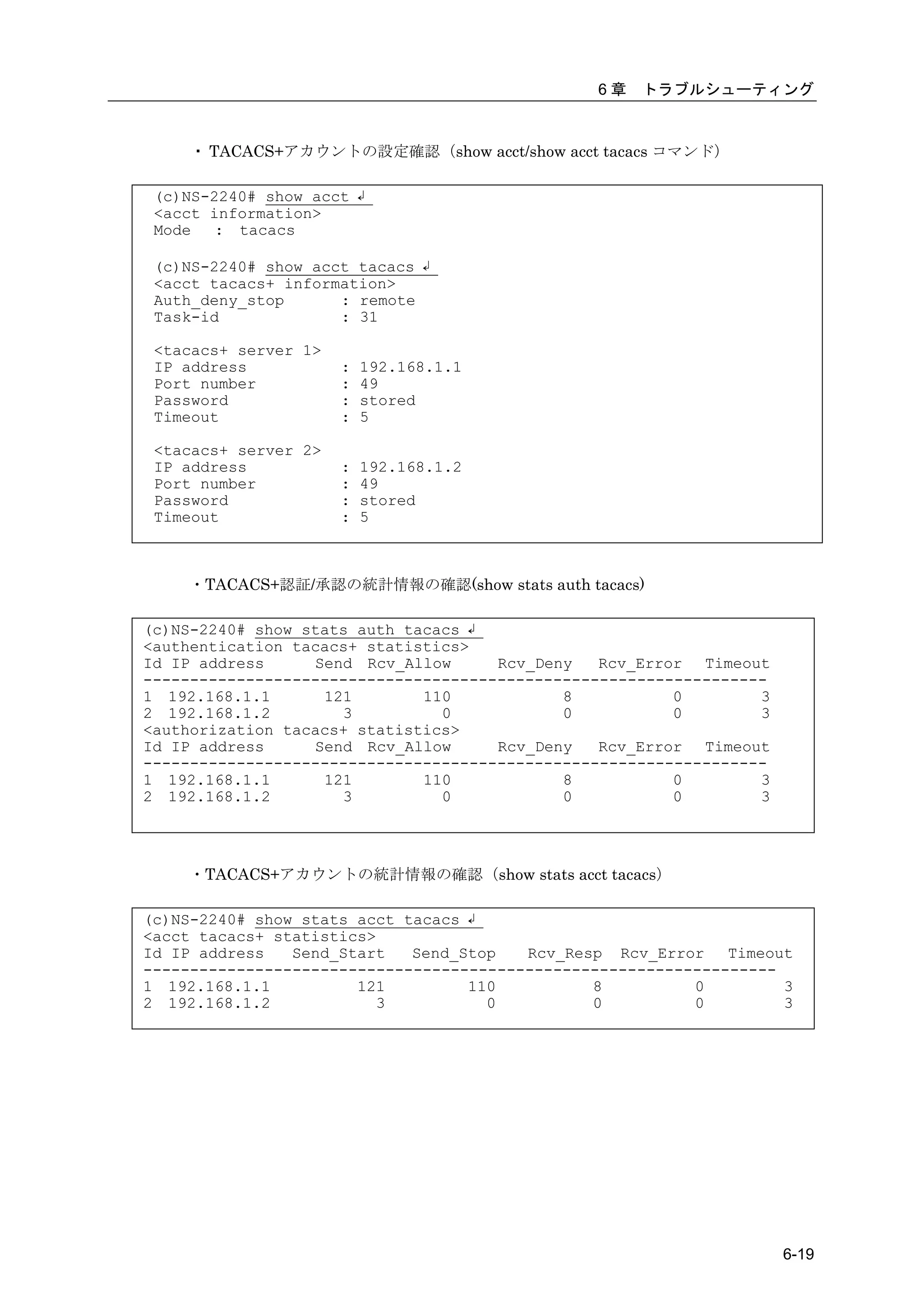 6章   トラブルシューティング


     ・ TACACS+アカウントの設定確認（show acct/show acct tacacs コマンド）

 (c)NS-2240# show acct ↲
 <acct information>
 Mode   : tacacs

 (c)NS-2240# show acct tacacs ↲
 <acct tacacs+ information>
 Auth_deny_stop      : remote
 Task-id             : 31

 <tacacs+ server 1>
 IP address           :   192.168.1.1
 Port number          :   49
 Password             :   stored
 Timeout              :   5

 <tacacs+ server 2>
 IP address           :   192.168.1.2
 Port number          :   49
 Password             :   stored
 Timeout              :   5



    ・TACACS+認証/承認の統計情報の確認(show stats auth tacacs)

(c)NS-2240# show stats auth tacacs ↲
<authentication tacacs+ statistics>
Id IP address     Send Rcv_Allow      Rcv_Deny   Rcv_Error Timeout
-------------------------------------------------------------------
1 192.168.1.1      121        110            8           0        3
2 192.168.1.2        3          0            0           0        3
<authorization tacacs+ statistics>
Id IP address     Send Rcv_Allow      Rcv_Deny   Rcv_Error Timeout
-------------------------------------------------------------------
1 192.168.1.1      121        110            8           0        3
2 192.168.1.2        3          0            0           0        3




    ・TACACS+アカウントの統計情報の確認（show stats acct tacacs）

(c)NS-2240# show stats acct tacacs ↲
<acct tacacs+ statistics>
Id IP address   Send_Start   Send_Stop   Rcv_Resp Rcv_Error    Timeout
--------------------------------------------------------------------
1 192.168.1.1          121         110          8          0         3
2 192.168.1.2            3           0          0          0         3




                                                                      6-19
 
