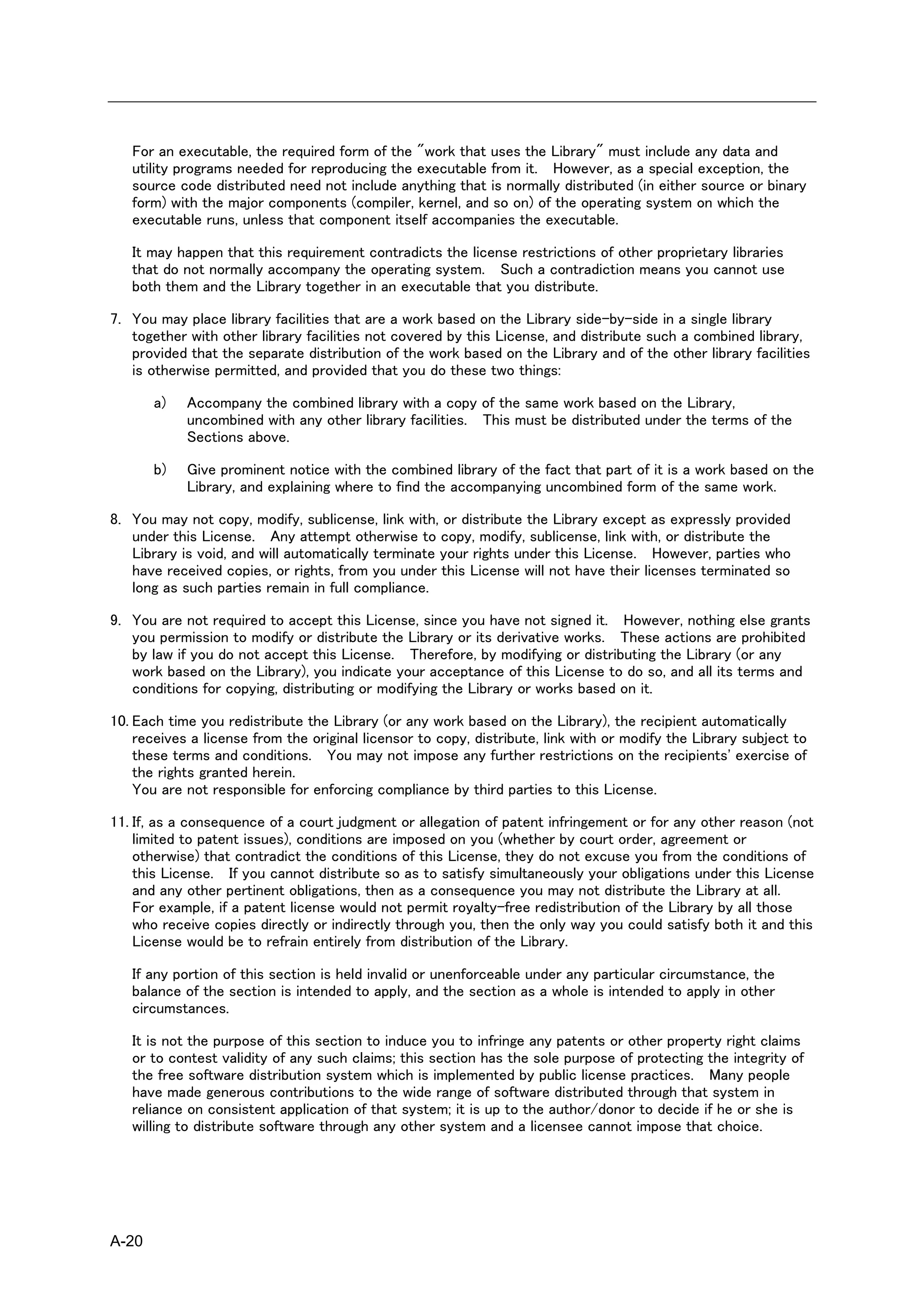 For an executable, the required form of the "work that uses the Library" must include any data and
   utility programs needed for reproducing the executable from it. However, as a special exception, the
   source code distributed need not include anything that is normally distributed (in either source or binary
   form) with the major components (compiler, kernel, and so on) of the operating system on which the
   executable runs, unless that component itself accompanies the executable.

   It may happen that this requirement contradicts the license restrictions of other proprietary libraries
   that do not normally accompany the operating system. Such a contradiction means you cannot use
   both them and the Library together in an executable that you distribute.

7. You may place library facilities that are a work based on the Library side-by-side in a single library
   together with other library facilities not covered by this License, and distribute such a combined library,
   provided that the separate distribution of the work based on the Library and of the other library facilities
   is otherwise permitted, and provided that you do these two things:

       a)   Accompany the combined library with a copy of the same work based on the Library,
            uncombined with any other library facilities. This must be distributed under the terms of the
            Sections above.

       b)   Give prominent notice with the combined library of the fact that part of it is a work based on the
            Library, and explaining where to find the accompanying uncombined form of the same work.

8. You may not copy, modify, sublicense, link with, or distribute the Library except as expressly provided
   under this License. Any attempt otherwise to copy, modify, sublicense, link with, or distribute the
   Library is void, and will automatically terminate your rights under this License. However, parties who
   have received copies, or rights, from you under this License will not have their licenses terminated so
   long as such parties remain in full compliance.

9. You are not required to accept this License, since you have not signed it. However, nothing else grants
   you permission to modify or distribute the Library or its derivative works. These actions are prohibited
   by law if you do not accept this License. Therefore, by modifying or distributing the Library (or any
   work based on the Library), you indicate your acceptance of this License to do so, and all its terms and
   conditions for copying, distributing or modifying the Library or works based on it.

10. Each time you redistribute the Library (or any work based on the Library), the recipient automatically
    receives a license from the original licensor to copy, distribute, link with or modify the Library subject to
    these terms and conditions. You may not impose any further restrictions on the recipients' exercise of
    the rights granted herein.
    You are not responsible for enforcing compliance by third parties to this License.

11. If, as a consequence of a court judgment or allegation of patent infringement or for any other reason (not
    limited to patent issues), conditions are imposed on you (whether by court order, agreement or
    otherwise) that contradict the conditions of this License, they do not excuse you from the conditions of
    this License. If you cannot distribute so as to satisfy simultaneously your obligations under this License
    and any other pertinent obligations, then as a consequence you may not distribute the Library at all.
    For example, if a patent license would not permit royalty-free redistribution of the Library by all those
    who receive copies directly or indirectly through you, then the only way you could satisfy both it and this
    License would be to refrain entirely from distribution of the Library.

   If any portion of this section is held invalid or unenforceable under any particular circumstance, the
   balance of the section is intended to apply, and the section as a whole is intended to apply in other
   circumstances.

   It is not the purpose of this section to induce you to infringe any patents or other property right claims
   or to contest validity of any such claims; this section has the sole purpose of protecting the integrity of
   the free software distribution system which is implemented by public license practices. Many people
   have made generous contributions to the wide range of software distributed through that system in
   reliance on consistent application of that system; it is up to the author/donor to decide if he or she is
   willing to distribute software through any other system and a licensee cannot impose that choice.




A-20
 