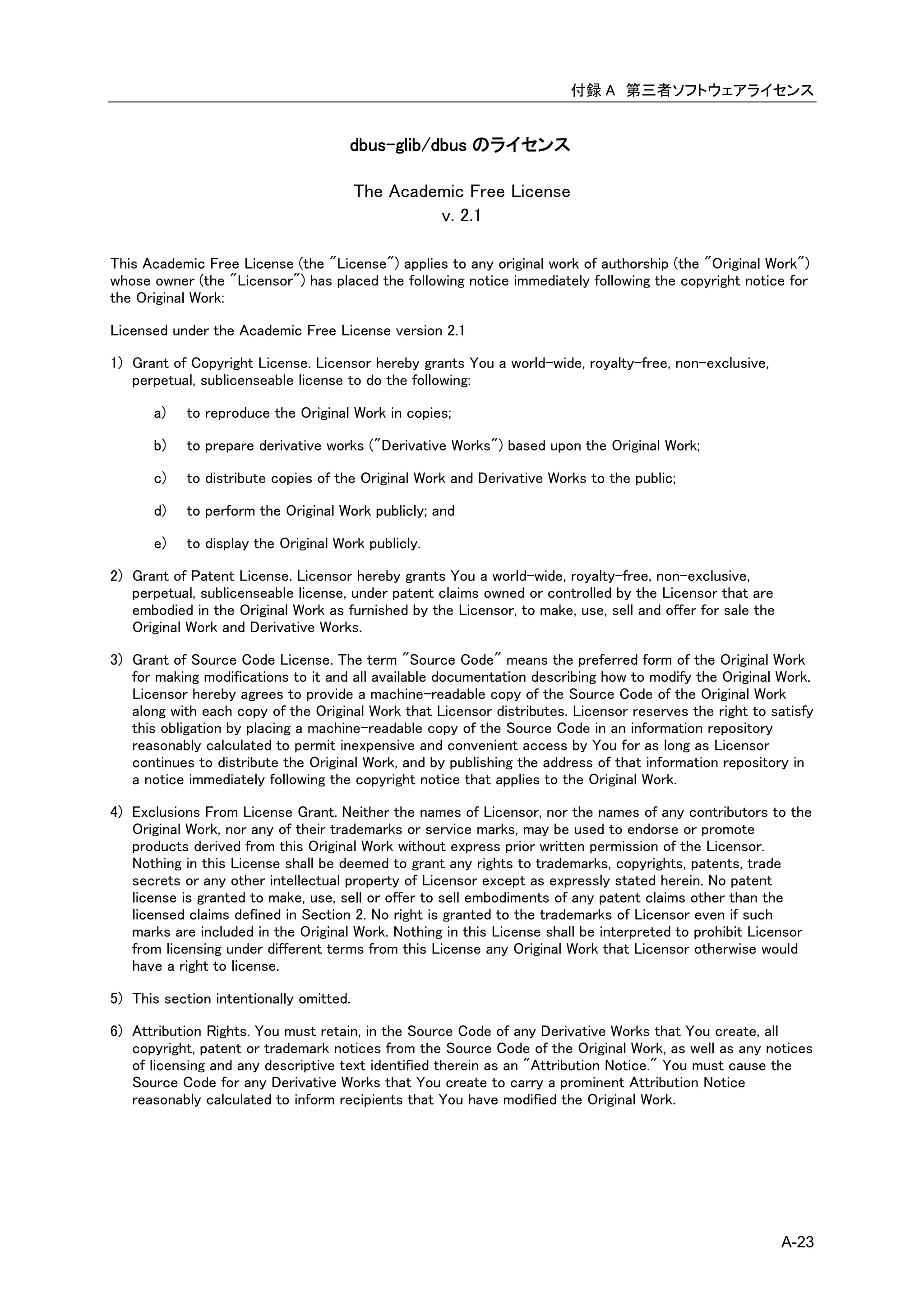 付録 A 第三者ソフトウェアライセンス


                                      dbus-glib/dbus のライセンス

                                         The Academic Free License
                                                  v. 2.1

This Academic Free License (the "License") applies to any original work of authorship (the "Original Work")
whose owner (the "Licensor") has placed the following notice immediately following the copyright notice for
the Original Work:

Licensed under the Academic Free License version 2.1

1) Grant of Copyright License. Licensor hereby grants You a world-wide, royalty-free, non-exclusive,
   perpetual, sublicenseable license to do the following:

      a)    to reproduce the Original Work in copies;

      b)    to prepare derivative works ("Derivative Works") based upon the Original Work;

      c)    to distribute copies of the Original Work and Derivative Works to the public;

      d)    to perform the Original Work publicly; and

      e)    to display the Original Work publicly.

2) Grant of Patent License. Licensor hereby grants You a world-wide, royalty-free, non-exclusive,
   perpetual, sublicenseable license, under patent claims owned or controlled by the Licensor that are
   embodied in the Original Work as furnished by the Licensor, to make, use, sell and offer for sale the
   Original Work and Derivative Works.

3) Grant of Source Code License. The term "Source Code" means the preferred form of the Original Work
   for making modifications to it and all available documentation describing how to modify the Original Work.
   Licensor hereby agrees to provide a machine-readable copy of the Source Code of the Original Work
   along with each copy of the Original Work that Licensor distributes. Licensor reserves the right to satisfy
   this obligation by placing a machine-readable copy of the Source Code in an information repository
   reasonably calculated to permit inexpensive and convenient access by You for as long as Licensor
   continues to distribute the Original Work, and by publishing the address of that information repository in
   a notice immediately following the copyright notice that applies to the Original Work.

4) Exclusions From License Grant. Neither the names of Licensor, nor the names of any contributors to the
   Original Work, nor any of their trademarks or service marks, may be used to endorse or promote
   products derived from this Original Work without express prior written permission of the Licensor.
   Nothing in this License shall be deemed to grant any rights to trademarks, copyrights, patents, trade
   secrets or any other intellectual property of Licensor except as expressly stated herein. No patent
   license is granted to make, use, sell or offer to sell embodiments of any patent claims other than the
   licensed claims defined in Section 2. No right is granted to the trademarks of Licensor even if such
   marks are included in the Original Work. Nothing in this License shall be interpreted to prohibit Licensor
   from licensing under different terms from this License any Original Work that Licensor otherwise would
   have a right to license.

5) This section intentionally omitted.

6) Attribution Rights. You must retain, in the Source Code of any Derivative Works that You create, all
   copyright, patent or trademark notices from the Source Code of the Original Work, as well as any notices
   of licensing and any descriptive text identified therein as an "Attribution Notice." You must cause the
   Source Code for any Derivative Works that You create to carry a prominent Attribution Notice
   reasonably calculated to inform recipients that You have modified the Original Work.




                                                                                                           A-23
 