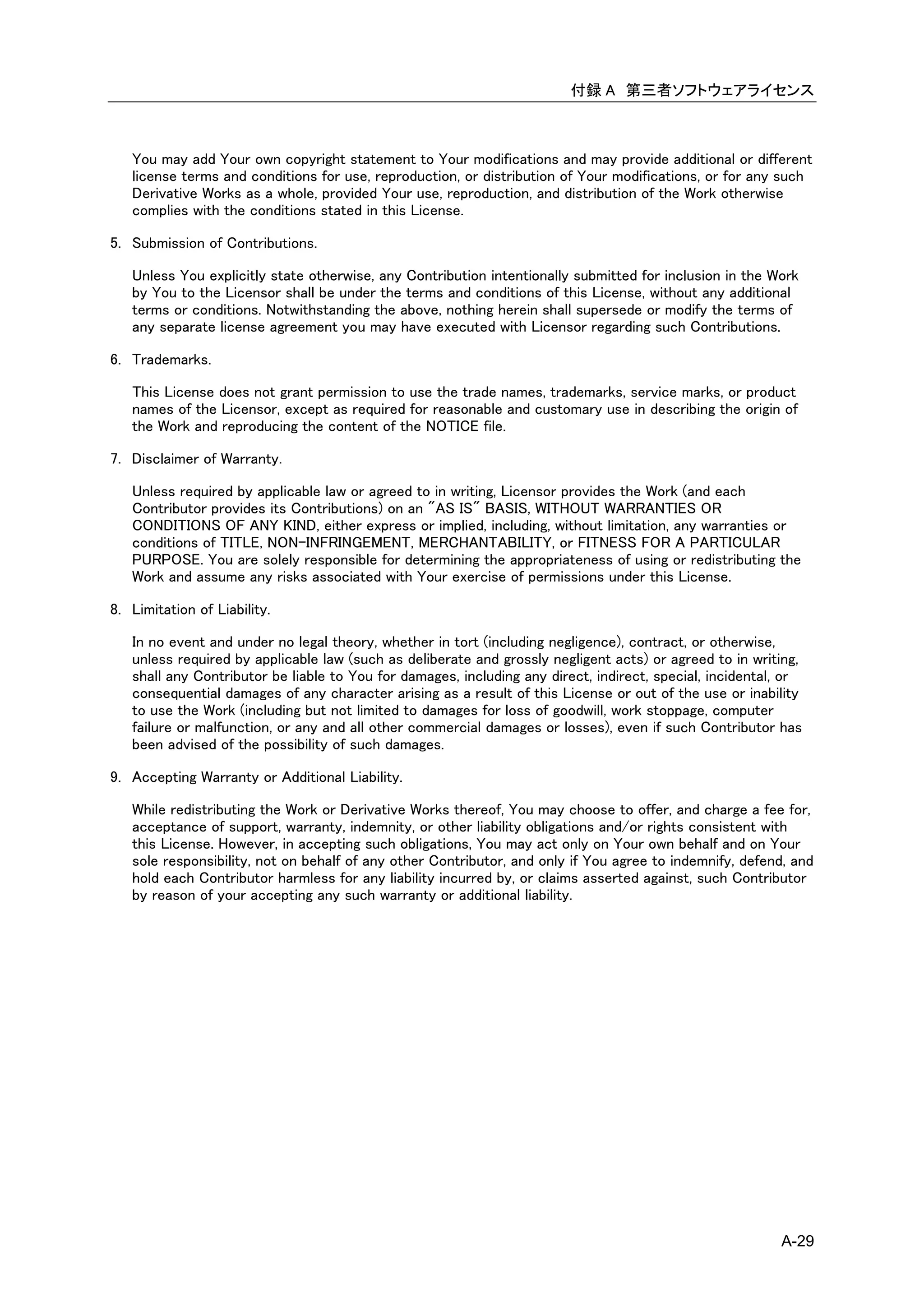 付録 A 第三者ソフトウェアライセンス



   You may add Your own copyright statement to Your modifications and may provide additional or different
   license terms and conditions for use, reproduction, or distribution of Your modifications, or for any such
   Derivative Works as a whole, provided Your use, reproduction, and distribution of the Work otherwise
   complies with the conditions stated in this License.

5. Submission of Contributions.

   Unless You explicitly state otherwise, any Contribution intentionally submitted for inclusion in the Work
   by You to the Licensor shall be under the terms and conditions of this License, without any additional
   terms or conditions. Notwithstanding the above, nothing herein shall supersede or modify the terms of
   any separate license agreement you may have executed with Licensor regarding such Contributions.

6. Trademarks.

   This License does not grant permission to use the trade names, trademarks, service marks, or product
   names of the Licensor, except as required for reasonable and customary use in describing the origin of
   the Work and reproducing the content of the NOTICE file.

7. Disclaimer of Warranty.

   Unless required by applicable law or agreed to in writing, Licensor provides the Work (and each
   Contributor provides its Contributions) on an "AS IS" BASIS, WITHOUT WARRANTIES OR
   CONDITIONS OF ANY KIND, either express or implied, including, without limitation, any warranties or
   conditions of TITLE, NON-INFRINGEMENT, MERCHANTABILITY, or FITNESS FOR A PARTICULAR
   PURPOSE. You are solely responsible for determining the appropriateness of using or redistributing the
   Work and assume any risks associated with Your exercise of permissions under this License.

8. Limitation of Liability.

   In no event and under no legal theory, whether in tort (including negligence), contract, or otherwise,
   unless required by applicable law (such as deliberate and grossly negligent acts) or agreed to in writing,
   shall any Contributor be liable to You for damages, including any direct, indirect, special, incidental, or
   consequential damages of any character arising as a result of this License or out of the use or inability
   to use the Work (including but not limited to damages for loss of goodwill, work stoppage, computer
   failure or malfunction, or any and all other commercial damages or losses), even if such Contributor has
   been advised of the possibility of such damages.

9. Accepting Warranty or Additional Liability.

   While redistributing the Work or Derivative Works thereof, You may choose to offer, and charge a fee for,
   acceptance of support, warranty, indemnity, or other liability obligations and/or rights consistent with
   this License. However, in accepting such obligations, You may act only on Your own behalf and on Your
   sole responsibility, not on behalf of any other Contributor, and only if You agree to indemnify, defend, and
   hold each Contributor harmless for any liability incurred by, or claims asserted against, such Contributor
   by reason of your accepting any such warranty or additional liability.




                                                                                                          A-29
 