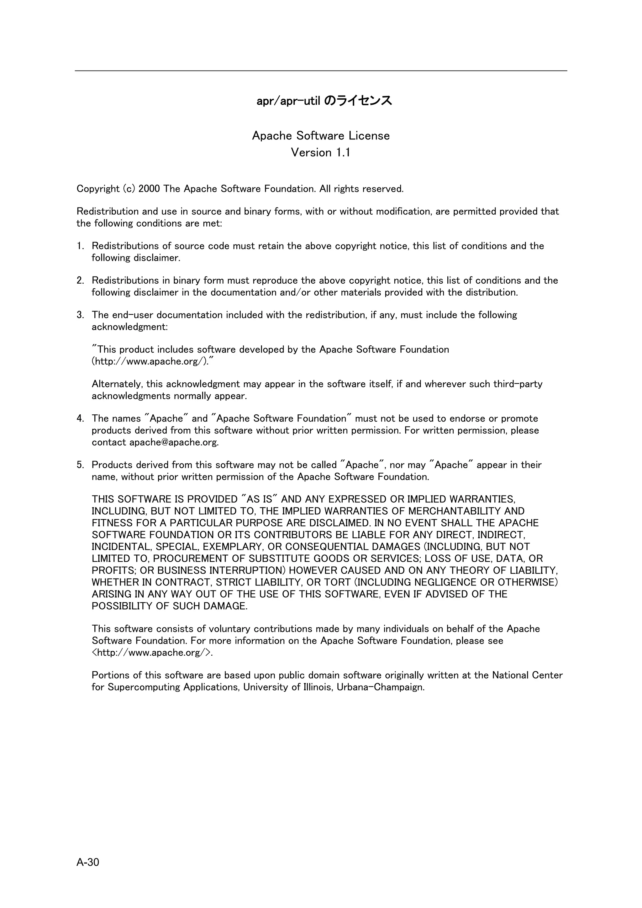 apr/apr-util のライセンス

                                       Apache Software License
                                             Version 1.1

Copyright (c) 2000 The Apache Software Foundation. All rights reserved.

Redistribution and use in source and binary forms, with or without modification, are permitted provided that
the following conditions are met:

1. Redistributions of source code must retain the above copyright notice, this list of conditions and the
   following disclaimer.

2. Redistributions in binary form must reproduce the above copyright notice, this list of conditions and the
   following disclaimer in the documentation and/or other materials provided with the distribution.

3. The end-user documentation included with the redistribution, if any, must include the following
   acknowledgment:

   "This product includes software developed by the Apache Software Foundation
   (http://www.apache.org/)."

   Alternately, this acknowledgment may appear in the software itself, if and wherever such third-party
   acknowledgments normally appear.

4. The names "Apache" and "Apache Software Foundation" must not be used to endorse or promote
   products derived from this software without prior written permission. For written permission, please
   contact apache@apache.org.

5. Products derived from this software may not be called "Apache", nor may "Apache" appear in their
   name, without prior written permission of the Apache Software Foundation.

   THIS SOFTWARE IS PROVIDED "AS IS" AND ANY EXPRESSED OR IMPLIED WARRANTIES,
   INCLUDING, BUT NOT LIMITED TO, THE IMPLIED WARRANTIES OF MERCHANTABILITY AND
   FITNESS FOR A PARTICULAR PURPOSE ARE DISCLAIMED. IN NO EVENT SHALL THE APACHE
   SOFTWARE FOUNDATION OR ITS CONTRIBUTORS BE LIABLE FOR ANY DIRECT, INDIRECT,
   INCIDENTAL, SPECIAL, EXEMPLARY, OR CONSEQUENTIAL DAMAGES (INCLUDING, BUT NOT
   LIMITED TO, PROCUREMENT OF SUBSTITUTE GOODS OR SERVICES; LOSS OF USE, DATA, OR
   PROFITS; OR BUSINESS INTERRUPTION) HOWEVER CAUSED AND ON ANY THEORY OF LIABILITY,
   WHETHER IN CONTRACT, STRICT LIABILITY, OR TORT (INCLUDING NEGLIGENCE OR OTHERWISE)
   ARISING IN ANY WAY OUT OF THE USE OF THIS SOFTWARE, EVEN IF ADVISED OF THE
   POSSIBILITY OF SUCH DAMAGE.

   This software consists of voluntary contributions made by many individuals on behalf of the Apache
   Software Foundation. For more information on the Apache Software Foundation, please see
   <http://www.apache.org/>.

   Portions of this software are based upon public domain software originally written at the National Center
   for Supercomputing Applications, University of Illinois, Urbana-Champaign.




A-30
 
