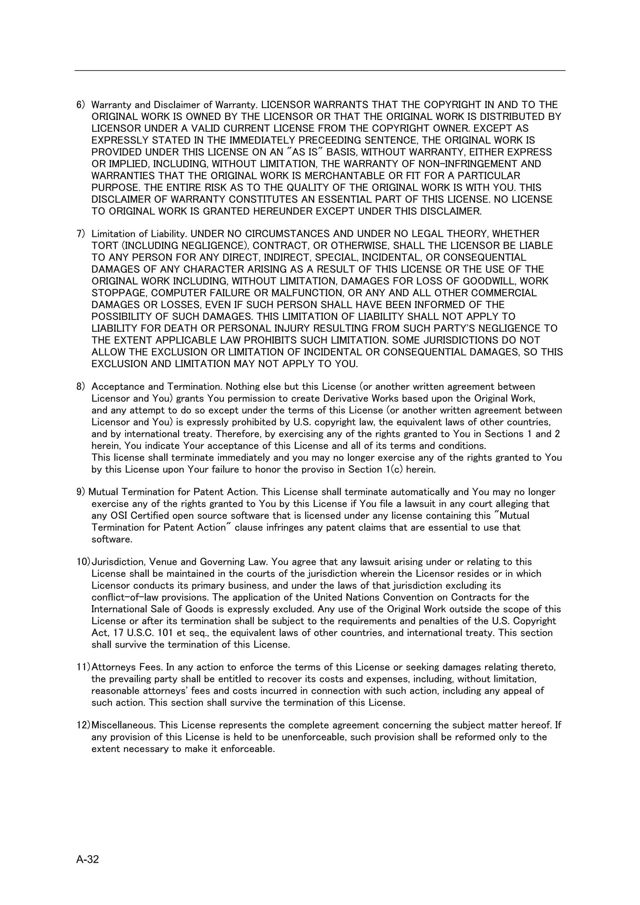 6) Warranty and Disclaimer of Warranty. LICENSOR WARRANTS THAT THE COPYRIGHT IN AND TO THE
   ORIGINAL WORK IS OWNED BY THE LICENSOR OR THAT THE ORIGINAL WORK IS DISTRIBUTED BY
   LICENSOR UNDER A VALID CURRENT LICENSE FROM THE COPYRIGHT OWNER. EXCEPT AS
   EXPRESSLY STATED IN THE IMMEDIATELY PRECEEDING SENTENCE, THE ORIGINAL WORK IS
   PROVIDED UNDER THIS LICENSE ON AN "AS IS" BASIS, WITHOUT WARRANTY, EITHER EXPRESS
   OR IMPLIED, INCLUDING, WITHOUT LIMITATION, THE WARRANTY OF NON-INFRINGEMENT AND
   WARRANTIES THAT THE ORIGINAL WORK IS MERCHANTABLE OR FIT FOR A PARTICULAR
   PURPOSE. THE ENTIRE RISK AS TO THE QUALITY OF THE ORIGINAL WORK IS WITH YOU. THIS
   DISCLAIMER OF WARRANTY CONSTITUTES AN ESSENTIAL PART OF THIS LICENSE. NO LICENSE
   TO ORIGINAL WORK IS GRANTED HEREUNDER EXCEPT UNDER THIS DISCLAIMER.

7) Limitation of Liability. UNDER NO CIRCUMSTANCES AND UNDER NO LEGAL THEORY, WHETHER
   TORT (INCLUDING NEGLIGENCE), CONTRACT, OR OTHERWISE, SHALL THE LICENSOR BE LIABLE
   TO ANY PERSON FOR ANY DIRECT, INDIRECT, SPECIAL, INCIDENTAL, OR CONSEQUENTIAL
   DAMAGES OF ANY CHARACTER ARISING AS A RESULT OF THIS LICENSE OR THE USE OF THE
   ORIGINAL WORK INCLUDING, WITHOUT LIMITATION, DAMAGES FOR LOSS OF GOODWILL, WORK
   STOPPAGE, COMPUTER FAILURE OR MALFUNCTION, OR ANY AND ALL OTHER COMMERCIAL
   DAMAGES OR LOSSES, EVEN IF SUCH PERSON SHALL HAVE BEEN INFORMED OF THE
   POSSIBILITY OF SUCH DAMAGES. THIS LIMITATION OF LIABILITY SHALL NOT APPLY TO
   LIABILITY FOR DEATH OR PERSONAL INJURY RESULTING FROM SUCH PARTY'S NEGLIGENCE TO
   THE EXTENT APPLICABLE LAW PROHIBITS SUCH LIMITATION. SOME JURISDICTIONS DO NOT
   ALLOW THE EXCLUSION OR LIMITATION OF INCIDENTAL OR CONSEQUENTIAL DAMAGES, SO THIS
   EXCLUSION AND LIMITATION MAY NOT APPLY TO YOU.

8) Acceptance and Termination. Nothing else but this License (or another written agreement between
   Licensor and You) grants You permission to create Derivative Works based upon the Original Work,
   and any attempt to do so except under the terms of this License (or another written agreement between
   Licensor and You) is expressly prohibited by U.S. copyright law, the equivalent laws of other countries,
   and by international treaty. Therefore, by exercising any of the rights granted to You in Sections 1 and 2
   herein, You indicate Your acceptance of this License and all of its terms and conditions.
   This license shall terminate immediately and you may no longer exercise any of the rights granted to You
   by this License upon Your failure to honor the proviso in Section 1(c) herein.

9) Mutual Termination for Patent Action. This License shall terminate automatically and You may no longer
   exercise any of the rights granted to You by this License if You file a lawsuit in any court alleging that
   any OSI Certified open source software that is licensed under any license containing this "Mutual
   Termination for Patent Action" clause infringes any patent claims that are essential to use that
   software.

10) Jurisdiction, Venue and Governing Law. You agree that any lawsuit arising under or relating to this
    License shall be maintained in the courts of the jurisdiction wherein the Licensor resides or in which
    Licensor conducts its primary business, and under the laws of that jurisdiction excluding its
    conflict-of-law provisions. The application of the United Nations Convention on Contracts for the
    International Sale of Goods is expressly excluded. Any use of the Original Work outside the scope of this
    License or after its termination shall be subject to the requirements and penalties of the U.S. Copyright
    Act, 17 U.S.C. 101 et seq., the equivalent laws of other countries, and international treaty. This section
    shall survive the termination of this License.

11) Attorneys Fees. In any action to enforce the terms of this License or seeking damages relating thereto,
    the prevailing party shall be entitled to recover its costs and expenses, including, without limitation,
    reasonable attorneys' fees and costs incurred in connection with such action, including any appeal of
    such action. This section shall survive the termination of this License.

12) Miscellaneous. This License represents the complete agreement concerning the subject matter hereof. If
    any provision of this License is held to be unenforceable, such provision shall be reformed only to the
    extent necessary to make it enforceable.




A-32
 