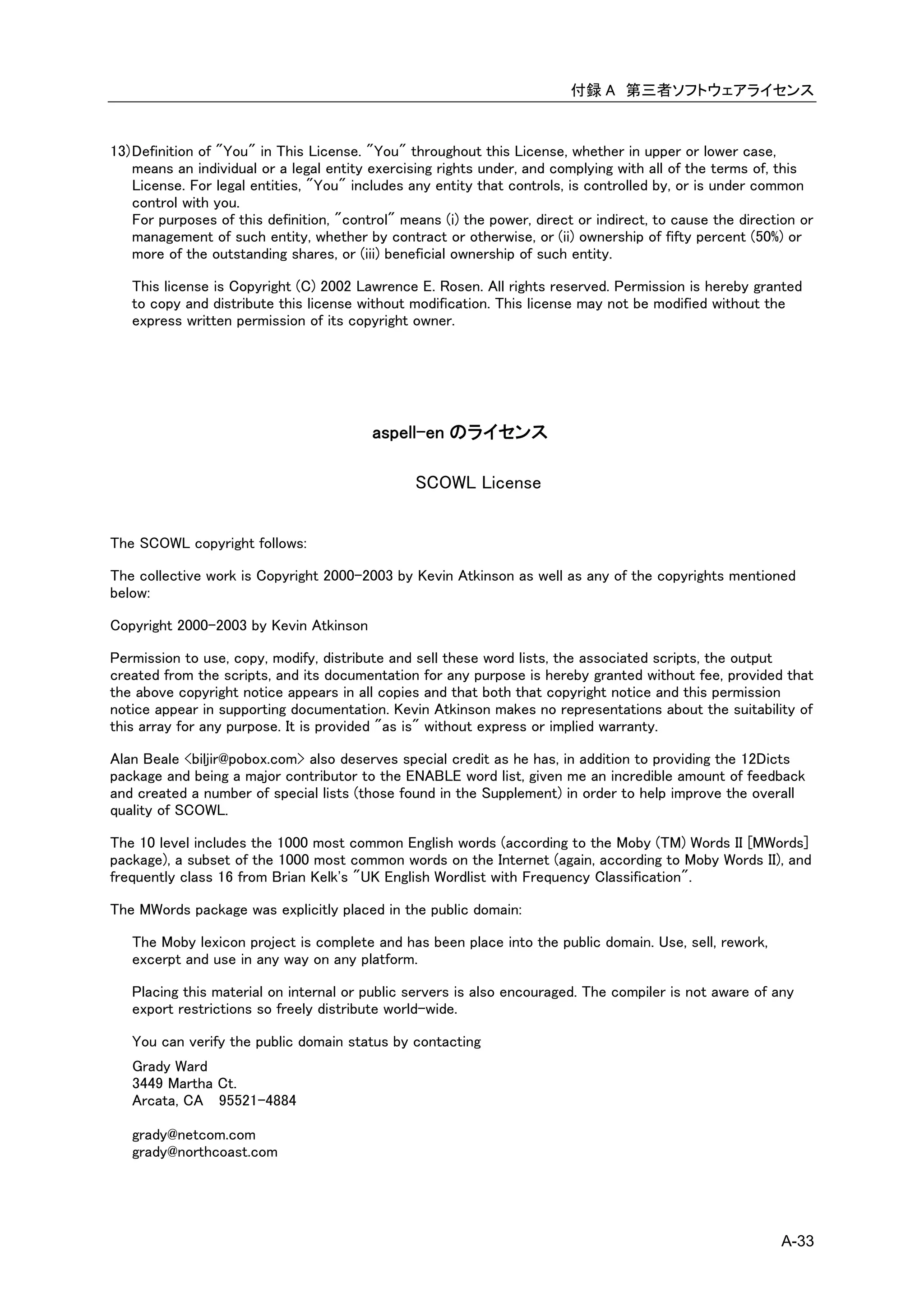 付録 A 第三者ソフトウェアライセンス


13) Definition of "You" in This License. "You" throughout this License, whether in upper or lower case,
    means an individual or a legal entity exercising rights under, and complying with all of the terms of, this
    License. For legal entities, "You" includes any entity that controls, is controlled by, or is under common
    control with you.
    For purposes of this definition, "control" means (i) the power, direct or indirect, to cause the direction or
    management of such entity, whether by contract or otherwise, or (ii) ownership of fifty percent (50%) or
    more of the outstanding shares, or (iii) beneficial ownership of such entity.

   This license is Copyright (C) 2002 Lawrence E. Rosen. All rights reserved. Permission is hereby granted
   to copy and distribute this license without modification. This license may not be modified without the
   express written permission of its copyright owner.




                                          aspell-en のライセンス

                                                 SCOWL License


The SCOWL copyright follows:

The collective work is Copyright 2000-2003 by Kevin Atkinson as well as any of the copyrights mentioned
below:

Copyright 2000-2003 by Kevin Atkinson

Permission to use, copy, modify, distribute and sell these word lists, the associated scripts, the output
created from the scripts, and its documentation for any purpose is hereby granted without fee, provided that
the above copyright notice appears in all copies and that both that copyright notice and this permission
notice appear in supporting documentation. Kevin Atkinson makes no representations about the suitability of
this array for any purpose. It is provided "as is" without express or implied warranty.

Alan Beale <biljir@pobox.com> also deserves special credit as he has, in addition to providing the 12Dicts
package and being a major contributor to the ENABLE word list, given me an incredible amount of feedback
and created a number of special lists (those found in the Supplement) in order to help improve the overall
quality of SCOWL.

The 10 level includes the 1000 most common English words (according to the Moby (TM) Words II [MWords]
package), a subset of the 1000 most common words on the Internet (again, according to Moby Words II), and
frequently class 16 from Brian Kelk's "UK English Wordlist with Frequency Classification".

The MWords package was explicitly placed in the public domain:

   The Moby lexicon project is complete and has been place into the public domain. Use, sell, rework,
   excerpt and use in any way on any platform.

   Placing this material on internal or public servers is also encouraged. The compiler is not aware of any
   export restrictions so freely distribute world-wide.

   You can verify the public domain status by contacting
   Grady Ward
   3449 Martha Ct.
   Arcata, CA 95521-4884

   grady@netcom.com
   grady@northcoast.com




                                                                                                           A-33
 