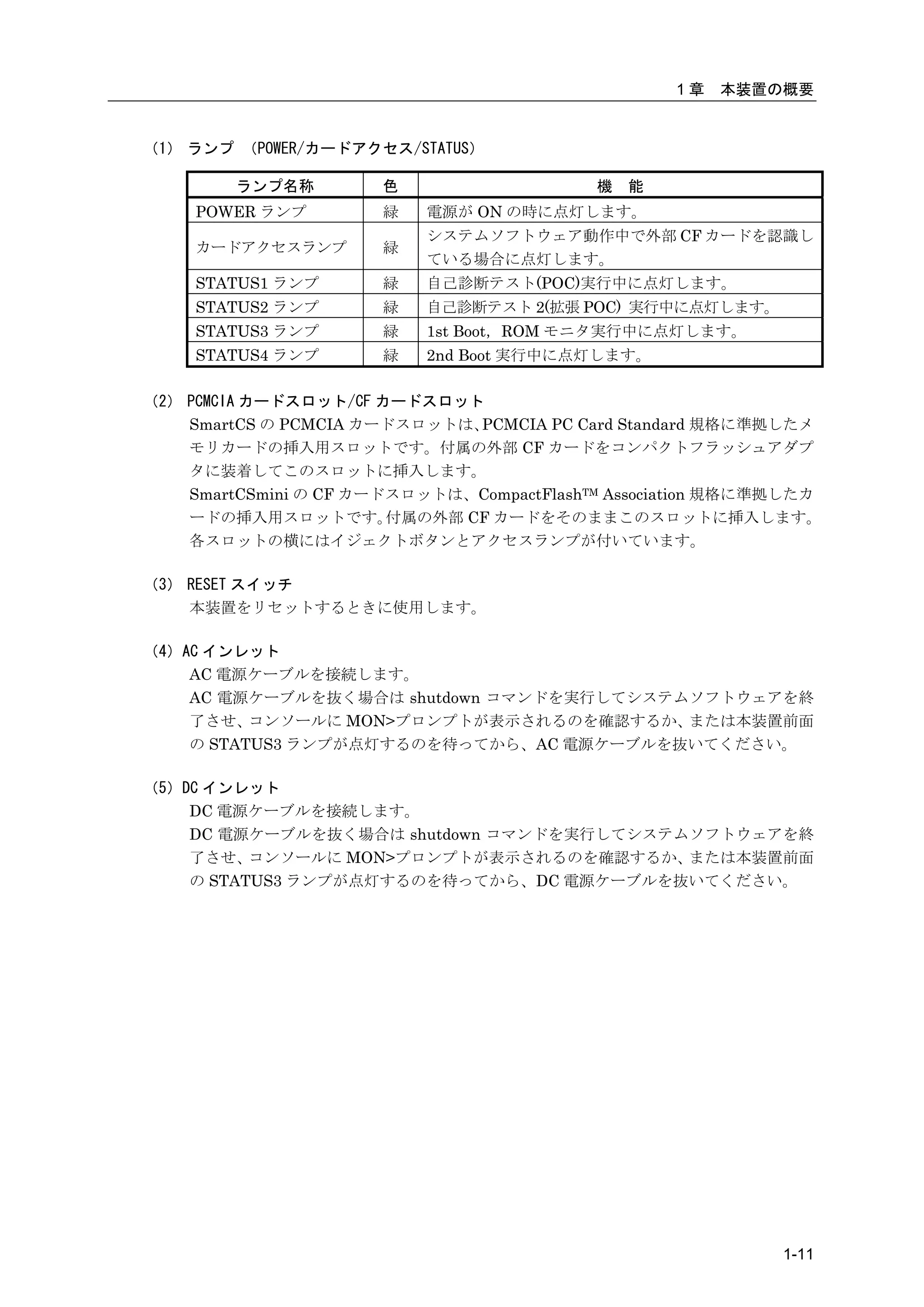 1章   本装置の概要


（1） ランプ （POWER/カードアクセス/STATUS）

        ランプ名称         色                    機   能
     POWER ランプ        緑    電源が ON の時に点灯します。
                           システムソフトウェア動作中で外部 CF カードを認識し
     カードアクセスランプ       緑
                           ている場合に点灯します。
     STATUS1 ランプ      緑    自己診断テスト(POC)実行中に点灯します。
     STATUS2 ランプ      緑    自己診断テスト 2(拡張 POC) 実行中に点灯します。
     STATUS3 ランプ      緑    1st Boot，ROM モニタ実行中に点灯します。
     STATUS4 ランプ      緑    2nd Boot 実行中に点灯します。

（2） PCMCIA カードスロット/CF カードスロット
    SmartCS の PCMCIA カードスロットは、 PCMCIA PC Card Standard 規格に準拠したメ
    モリカードの挿入用スロットです。付属の外部 CF カードをコンパクトフラッシュアダプ
    タに装着してこのスロットに挿入します。
    SmartCSmini の CF カードスロットは、CompactFlashTM Association 規格に準拠したカ
    ードの挿入用スロットです。       付属の外部 CF カードをそのままこのスロットに挿入します。
    各スロットの横にはイジェクトボタンとアクセスランプが付いています。

（3） RESET スイッチ
    本装置をリセットするときに使用します。

（4）AC インレット
    AC 電源ケーブルを接続します。
    AC 電源ケーブルを抜く場合は shutdown コマンドを実行してシステムソフトウェアを終
    了させ、  コンソールに MON>プロンプトが表示されるのを確認するか、  または本装置前面
    の STATUS3 ランプが点灯するのを待ってから、AC 電源ケーブルを抜いてください。

（5）DC インレット
    DC 電源ケーブルを接続します。
    DC 電源ケーブルを抜く場合は shutdown コマンドを実行してシステムソフトウェアを終
    了させ、  コンソールに MON>プロンプトが表示されるのを確認するか、  または本装置前面
    の STATUS3 ランプが点灯するのを待ってから、DC 電源ケーブルを抜いてください。




                                                             1-11
 