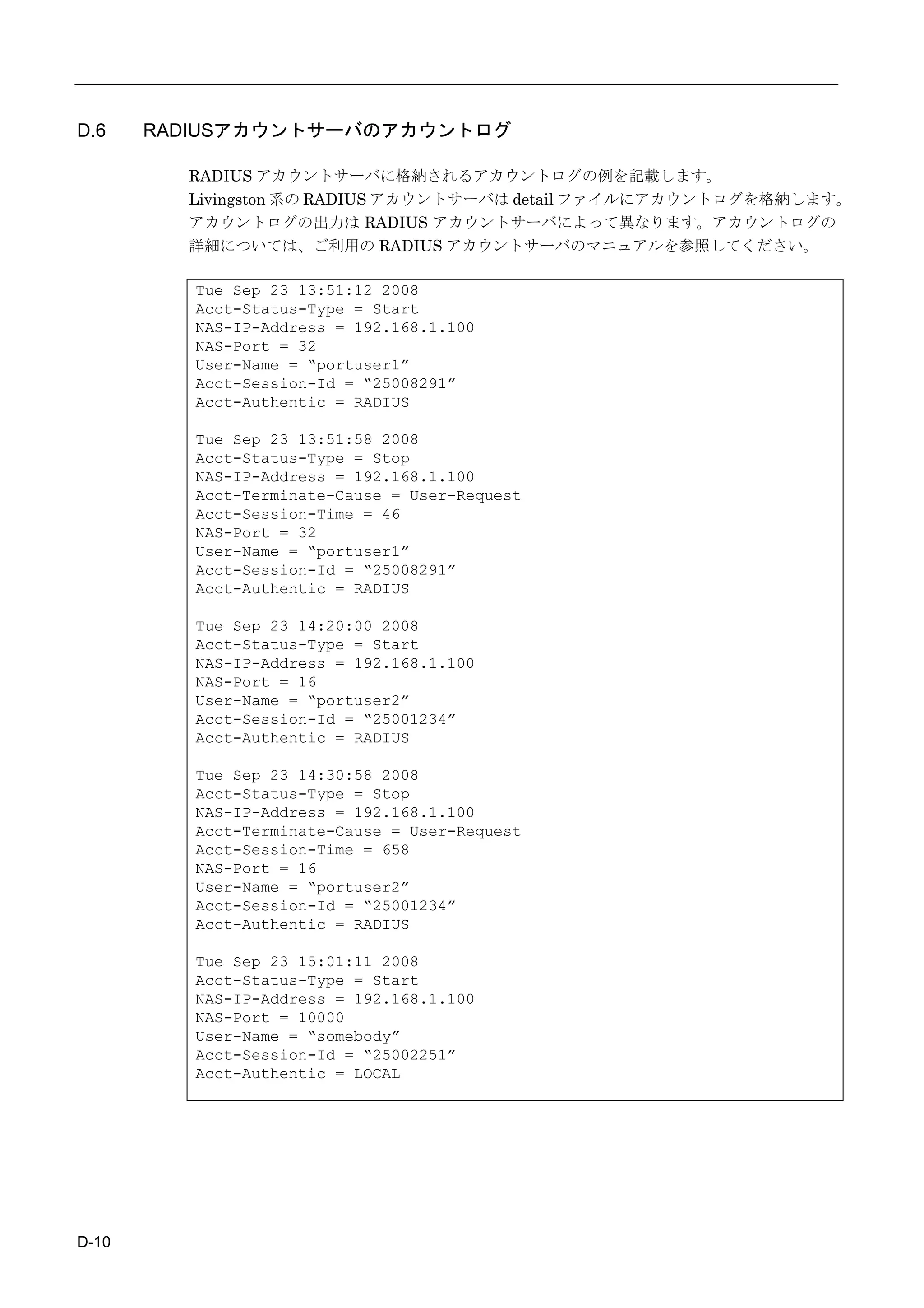 D.6    RADIUSアカウントサーバのアカウントログ

         RADIUS アカウントサーバに格納されるアカウントログの例を記載します。
         Livingston 系の RADIUS アカウントサーバは detail ファイルにアカウントログを格納します。
         アカウントログの出力は RADIUS アカウントサーバによって異なります。アカウントログの
         詳細については、ご利用の RADIUS アカウントサーバのマニュアルを参照してください。

          Tue Sep 23 13:51:12 2008
          Acct-Status-Type = Start
          NAS-IP-Address = 192.168.1.100
          NAS-Port = 32
          User-Name = “portuser1”
          Acct-Session-Id = “25008291”
          Acct-Authentic = RADIUS

          Tue Sep 23 13:51:58 2008
          Acct-Status-Type = Stop
          NAS-IP-Address = 192.168.1.100
          Acct-Terminate-Cause = User-Request
          Acct-Session-Time = 46
          NAS-Port = 32
          User-Name = “portuser1”
          Acct-Session-Id = “25008291”
          Acct-Authentic = RADIUS

          Tue Sep 23 14:20:00 2008
          Acct-Status-Type = Start
          NAS-IP-Address = 192.168.1.100
          NAS-Port = 16
          User-Name = “portuser2”
          Acct-Session-Id = “25001234”
          Acct-Authentic = RADIUS

          Tue Sep 23 14:30:58 2008
          Acct-Status-Type = Stop
          NAS-IP-Address = 192.168.1.100
          Acct-Terminate-Cause = User-Request
          Acct-Session-Time = 658
          NAS-Port = 16
          User-Name = “portuser2”
          Acct-Session-Id = “25001234”
          Acct-Authentic = RADIUS

          Tue Sep 23 15:01:11 2008
          Acct-Status-Type = Start
          NAS-IP-Address = 192.168.1.100
          NAS-Port = 10000
          User-Name = “somebody”
          Acct-Session-Id = “25002251”
          Acct-Authentic = LOCAL




D-10
 