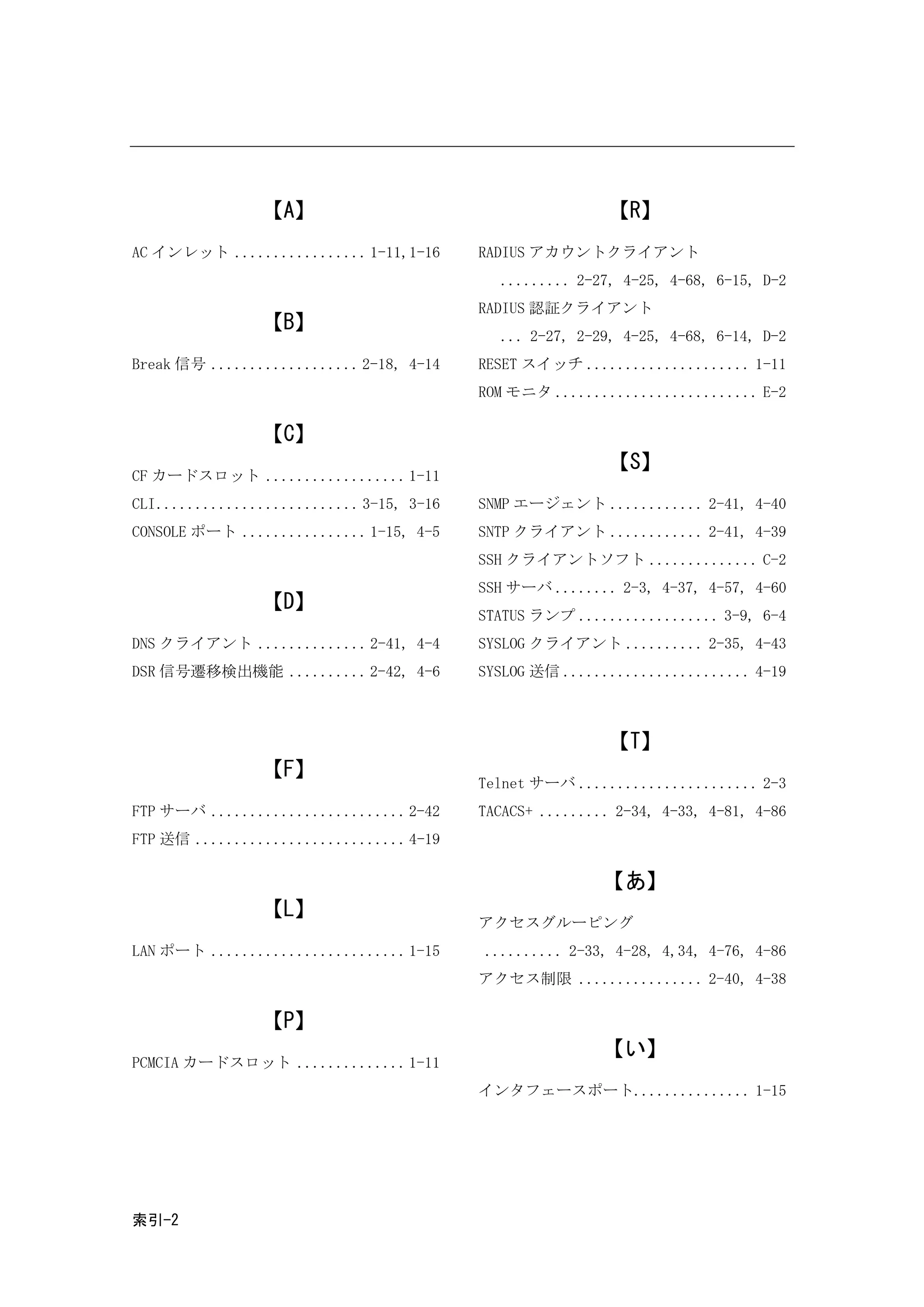 【A】                                        【R】
AC インレット ................. 1-11,1-16       RADIUS アカウントクライアント
                                             ......... 2-27, 4-25, 4-68, 6-15, D-2
                                           RADIUS 認証クライアント
                【B】
                                             ... 2-27, 2-29, 4-25, 4-68, 6-14, D-2
Break 信号 ................... 2-18, 4-14    RESET スイッチ ..................... 1-11
                                           ROM モニタ .......................... E-2

                【C】
                                                           【S】
CF カードスロット .................. 1-11
CLI.......................... 3-15, 3-16   SNMP エージェント ............ 2-41, 4-40
CONSOLE ポート ................ 1-15, 4-5     SNTP クライアント ............ 2-41, 4-39
                                           SSH クライアントソフト .............. C-2
                                           SSH サーバ ........ 2-3, 4-37, 4-57, 4-60
                【D】
                                           STATUS ランプ .................. 3-9, 6-4
DNS クライアント .............. 2-41, 4-4        SYSLOG クライアント .......... 2-35, 4-43
DSR 信号遷移検出機能 .......... 2-42, 4-6          SYSLOG 送信 ........................ 4-19



                                                           【T】
                【F】
                                           Telnet サーバ ....................... 2-3
FTP サーバ ......................... 2-42     TACACS+ ......... 2-34, 4-33, 4-81, 4-86
FTP 送信 ........................... 4-19

                                                           【あ】
                【L】
                                           アクセスグルーピング
LAN ポート ......................... 1-15     .......... 2-33, 4-28, 4,34, 4-76, 4-86
                                           アクセス制限 ................ 2-40, 4-38

                【P】
                                                           【い】
PCMCIA カードスロット .............. 1-11
                                           インタフェースポート............... 1-15




索引-2
 