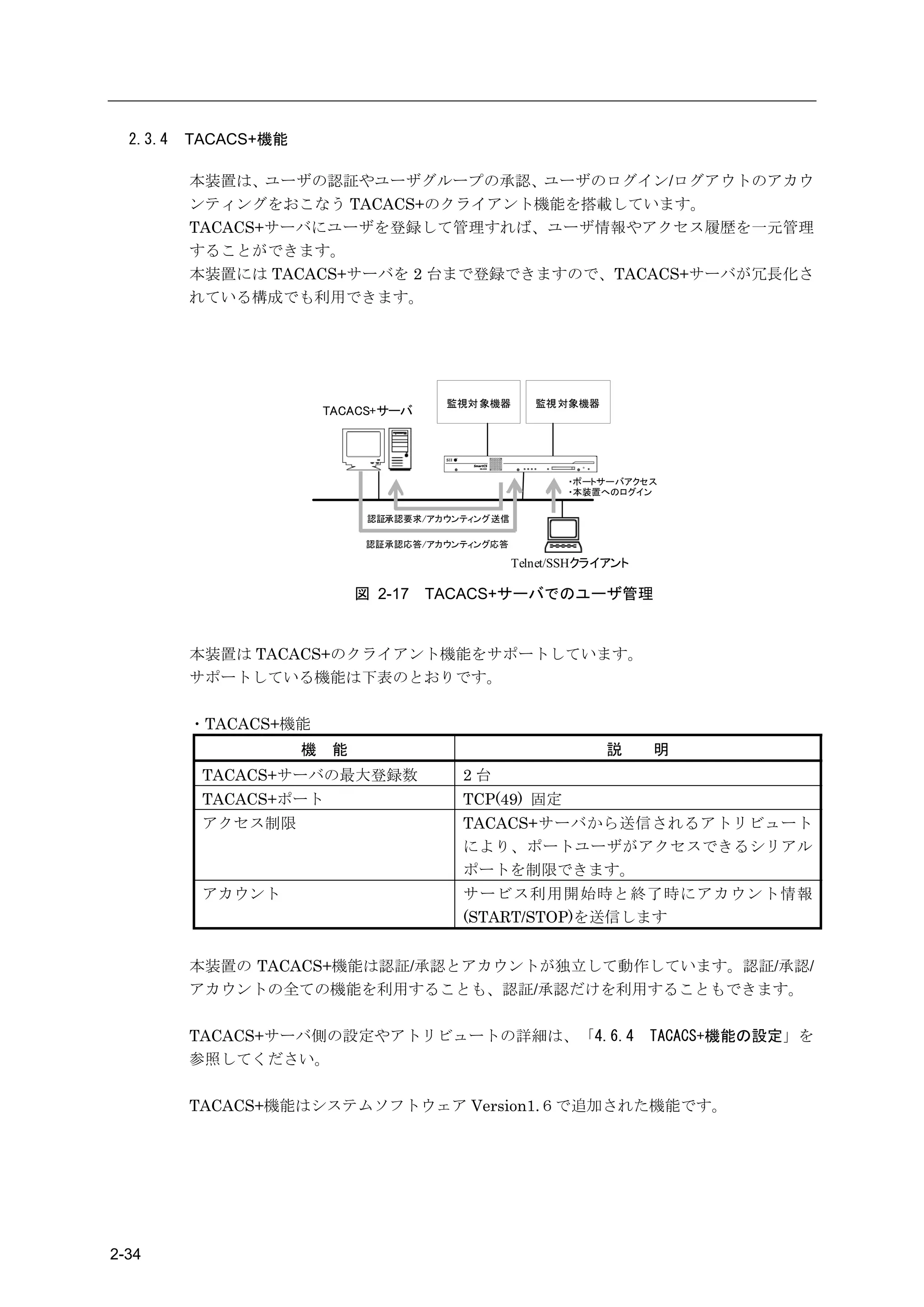 2.3.4   TACACS+機能

          本装置は、ユーザの認証やユーザグループの承認、ユーザのログイン/ログアウトのアカウ
          ンティングをおこなう TACACS+のクライアント機能を搭載しています。
          TACACS+サーバにユーザを登録して管理すれば、ユーザ情報やアクセス履歴を一元管理
          することができます。
          本装置には TACACS+サーバを 2 台まで登録できますので、TACACS+サーバが冗長化さ
          れている構成でも利用できます。




                                         監視対 象機器       監視 対象機器
                          TACACS+サーバ




                                                           ・ポートサーバアクセス
                                                           ・本装置へのログイン

                                認証承認要求/アカウンティング送信

                                認証承認応答/アカウンティング応答

                                                    Telnet/SSHクライアント

                               図 2-17   TACACS+サーバでのユーザ管理


          本装置は TACACS+のクライアント機能をサポートしています。
          サポートしている機能は下表のとおりです。

          ・TACACS+機能
                      機    能                                     説     明
           TACACS+サーバの最大登録数                2台
           TACACS+ポート                      TCP(49) 固定
           アクセス制限                          TACACS+サーバから送信されるアトリビュート
                                           により、ポートユーザがアクセスできるシリアル
                                           ポートを制限できます。
           アカウント                           サービス利用開始時と終了時にアカウント情報
                                           (START/STOP)を送信します


          本装置の TACACS+機能は認証/承認とアカウントが独立して動作しています。認証/承認/
          アカウントの全ての機能を利用することも、認証/承認だけを利用することもできます。

          TACACS+サーバ側の設定やアトリビュートの詳細は、「4.6.4                            TACACS+機能の設定」を
          参照してください。

          TACACS+機能はシステムソフトウェア Version1.６で追加された機能です。




2-34
 
