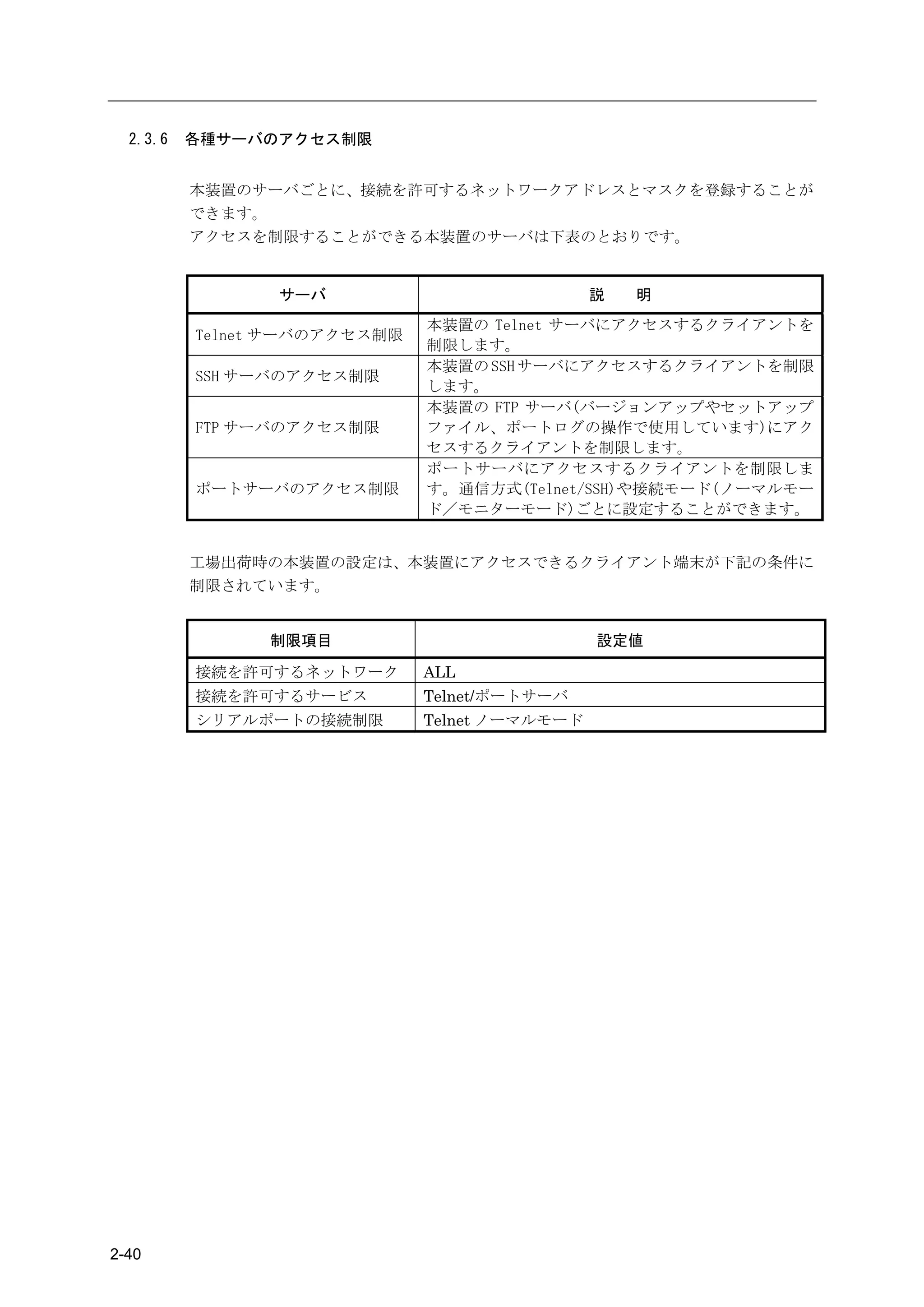2.3.6   各種サーバのアクセス制限


          本装置のサーバごとに、接続を許可するネットワークアドレスとマスクを登録することが
          できます。
          アクセスを制限することができる本装置のサーバは下表のとおりです。


                サーバ                            説   明
                              本装置の Telnet サーバにアクセスするクライアントを
          Telnet サーバのアクセス制限
                              制限します。
                              本装置の SSH サーバにアクセスするクライアントを制限
          SSH サーバのアクセス制限
                              します。
                              本装置の FTP サーバ(バージョンアップやセットアップ
          FTP サーバのアクセス制限      ファイル、ポートログの操作で使用しています)にアク
                              セスするクライアントを制限します。
                              ポートサーバにアクセスするクライアントを制限しま
          ポートサーバのアクセス制限       す。通信方式(Telnet/SSH)や接続モード(ノーマルモー
                              ド／モニターモード)ごとに設定することができます。


          工場出荷時の本装置の設定は、本装置にアクセスできるクライアント端末が下記の条件に
          制限されています。


                制限項目                           設定値

          接続を許可するネットワーク       ALL
          接続を許可するサービス         Telnet/ポートサーバ
          シリアルポートの接続制限        Telnet ノーマルモード




2-40
 