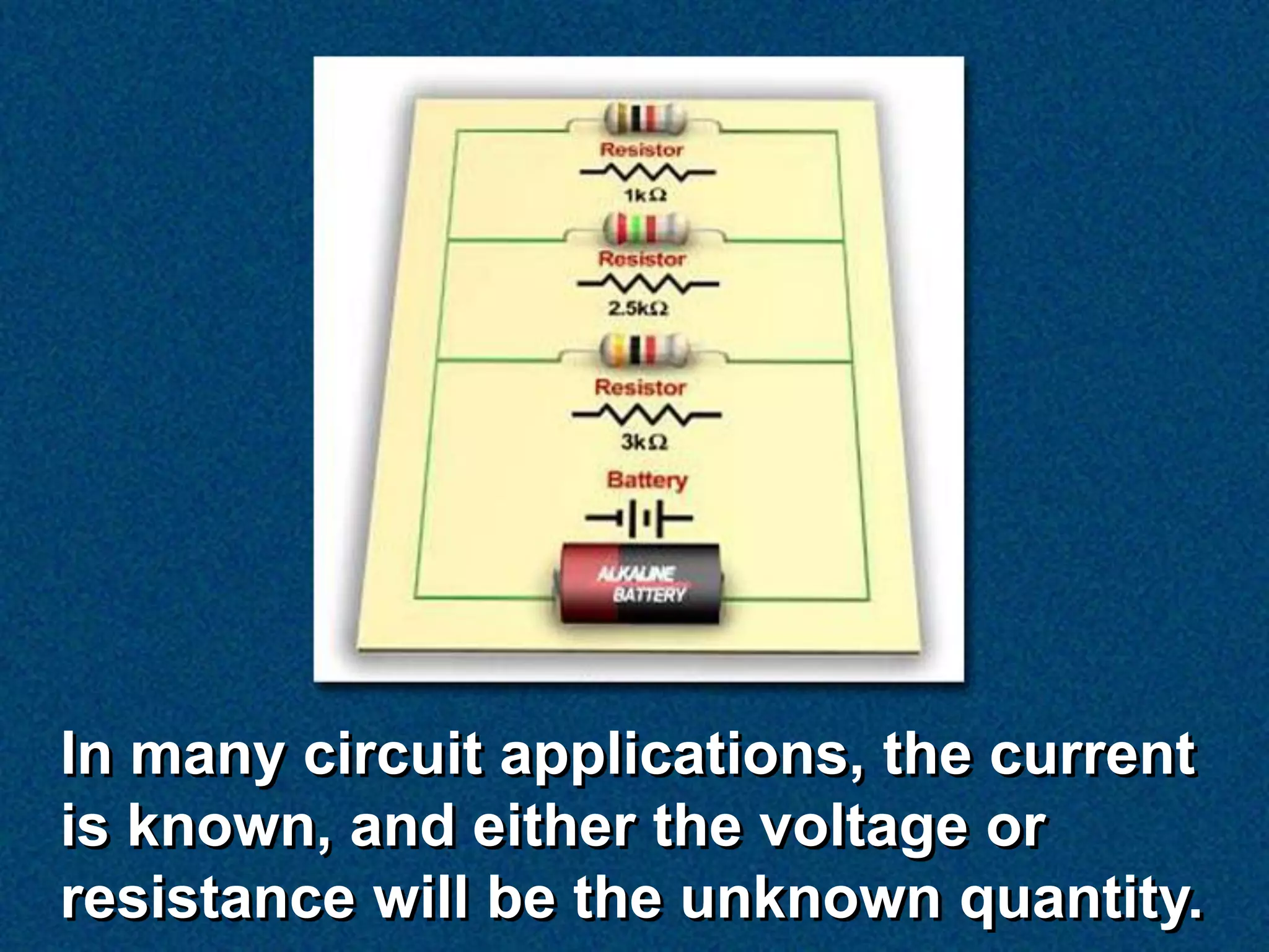 In many circuit applications, the current
is known, and either the voltage or
resistance will be the unknown quantity.
 