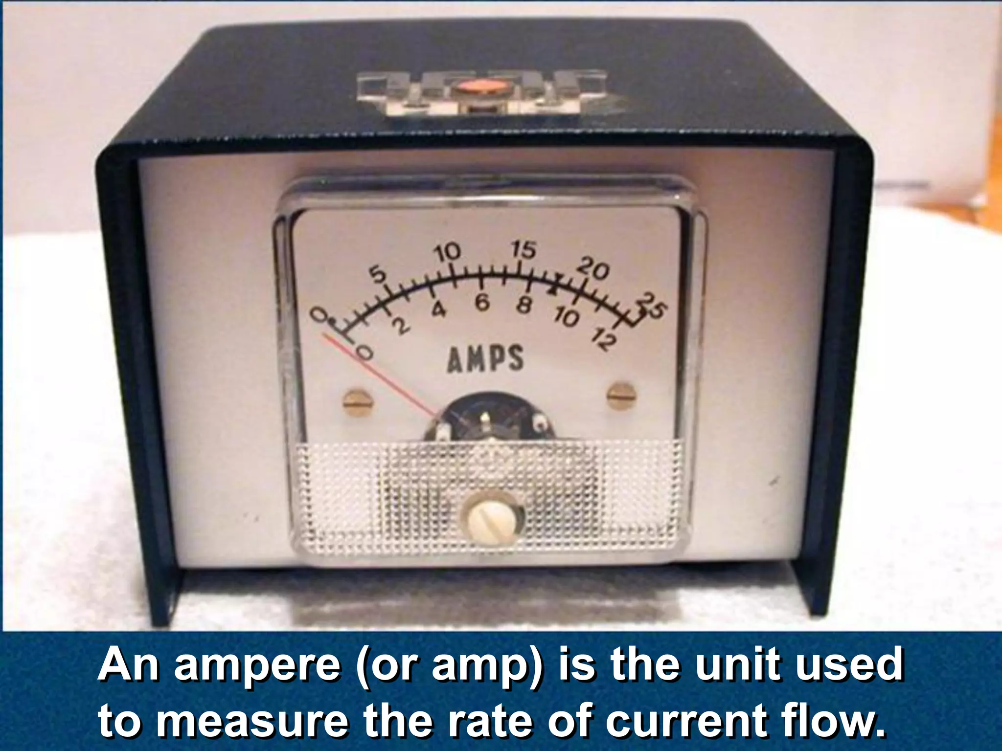 An ampere (or amp) is the unit used
to measure the rate of current flow.
 