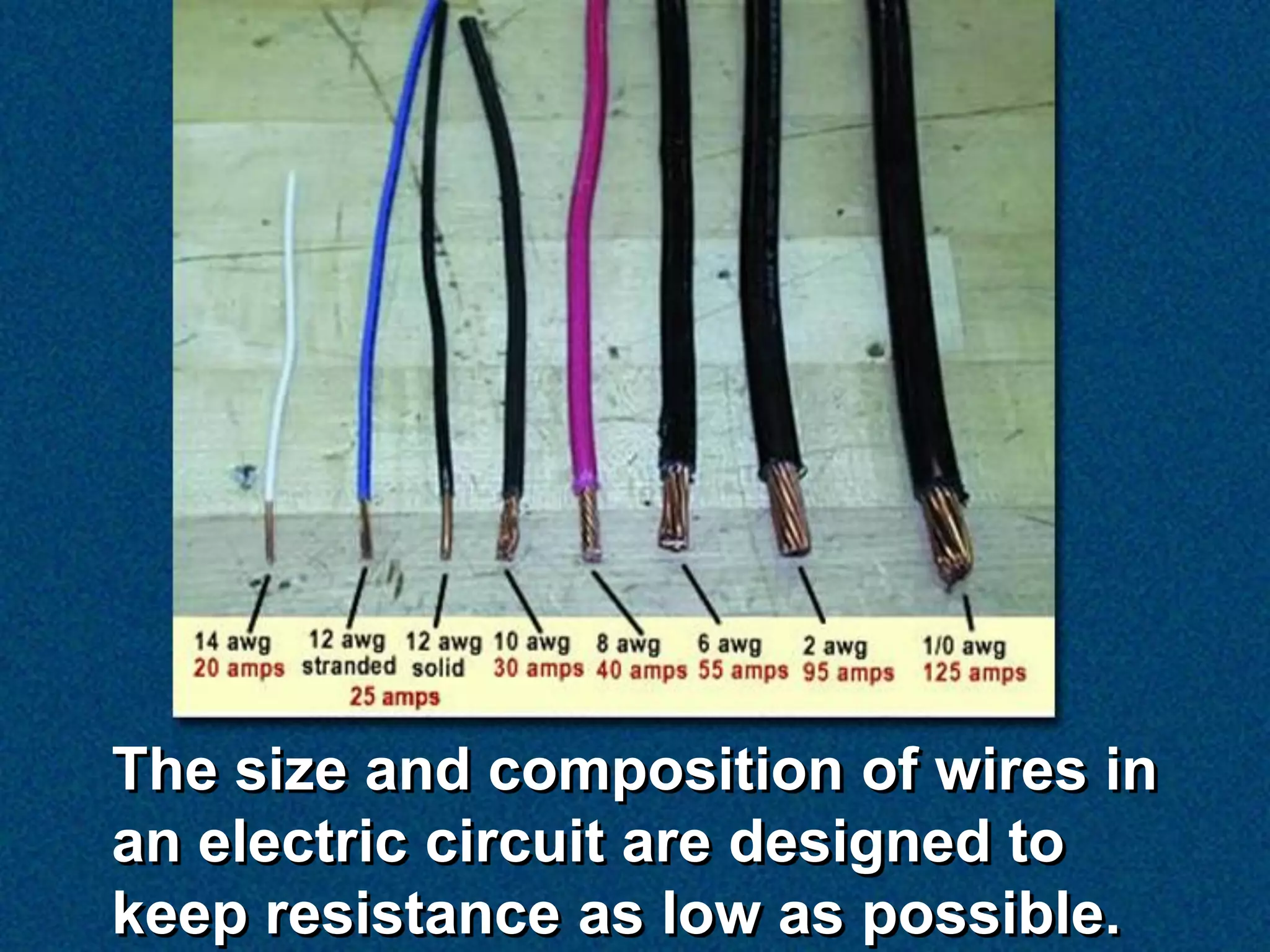 The size and composition of wires in
an electric circuit are designed to
keep resistance as low as possible.
 